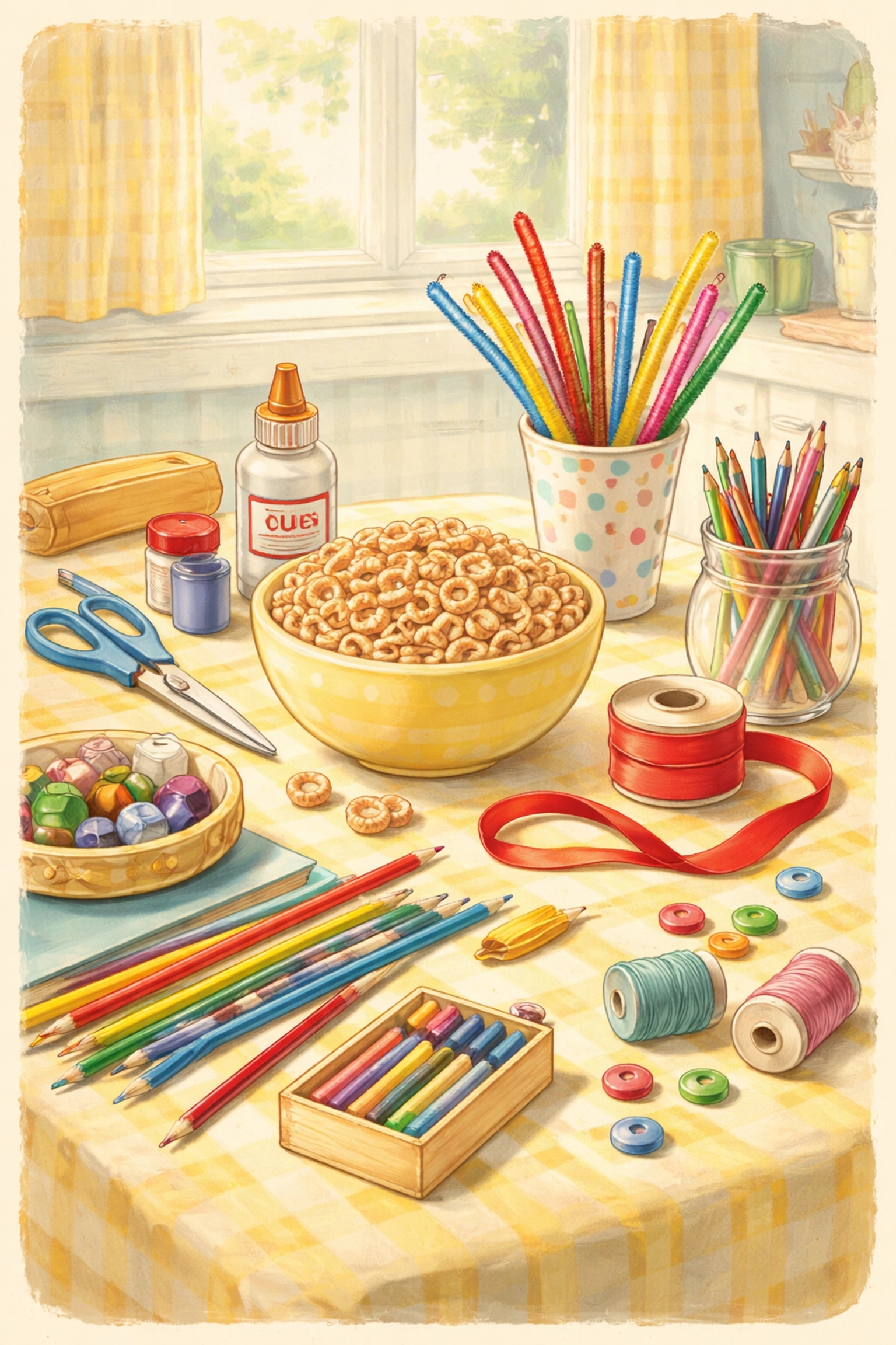 Supplies for making a DIY cereal bird feeder, including pipe cleaners, ring cereal, and ribbon, on a kitchen table