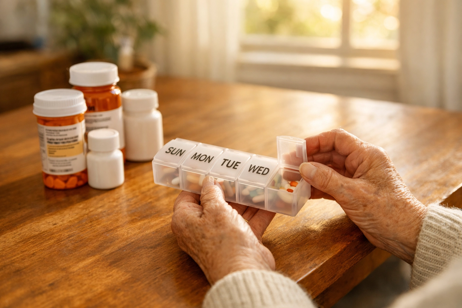 Senior organizing medications in pill organizer to prevent falls caused by dizziness