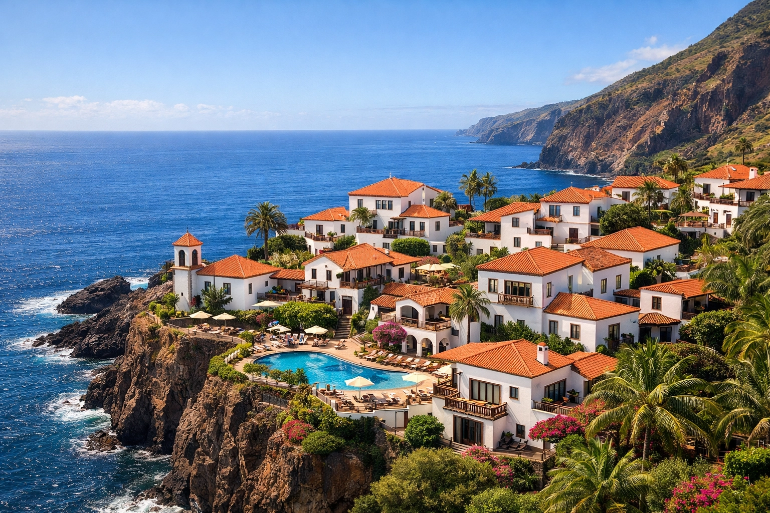 Village-style luxury resort buildings on a cliff overlooking the Atlantic coast in Madeira, Portugal.