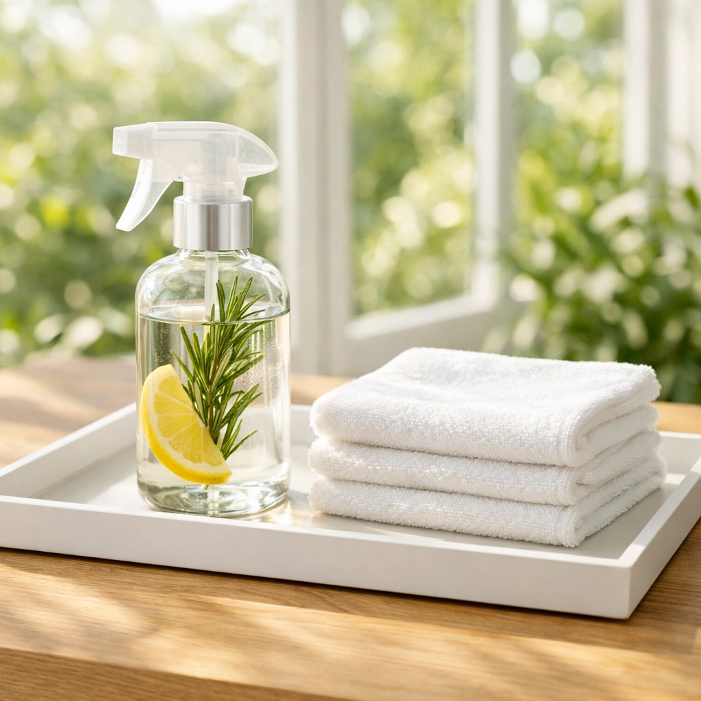 Eco-friendly residential cleaning Massachusetts supplies including natural glass cleaner and microfiber cloths.