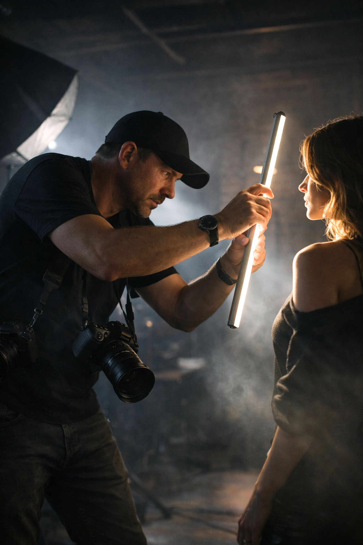 A professional photographer using an LED panel to craft cinematic lighting for an evening photo shoot.