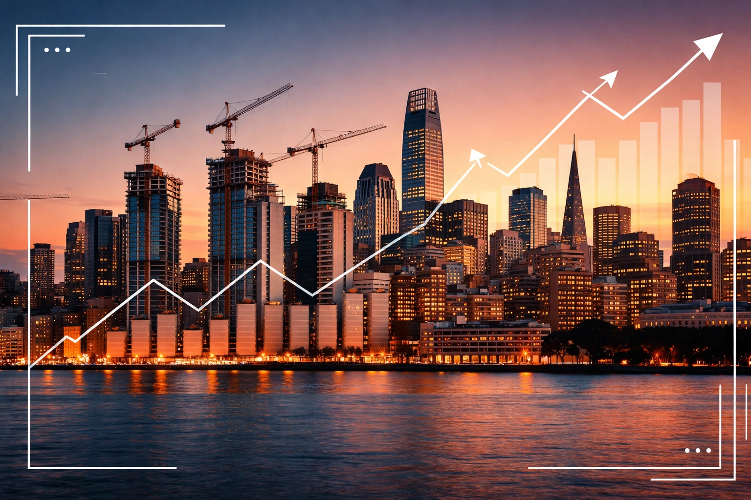San Francisco skyline at dusk with construction cranes and residential towers, reflecting the city’s urban renewal and growing confidence in the real estate market.