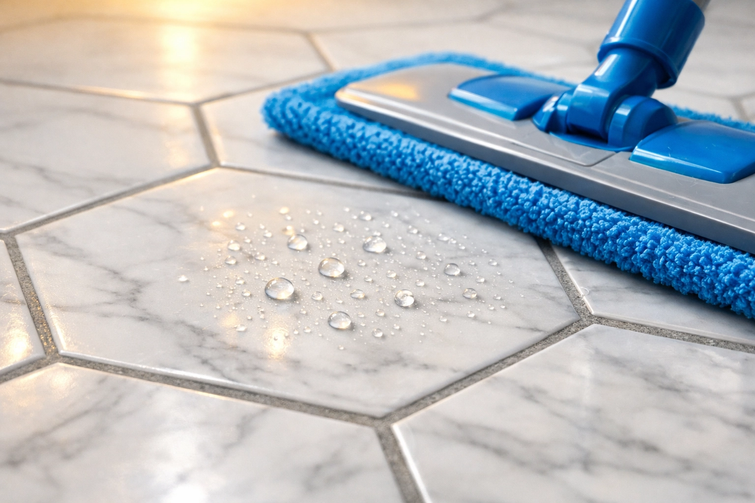 Close-up of a microfiber mop on clean hexagonal marble tiles with streak-free grout lines and a professional finish.
