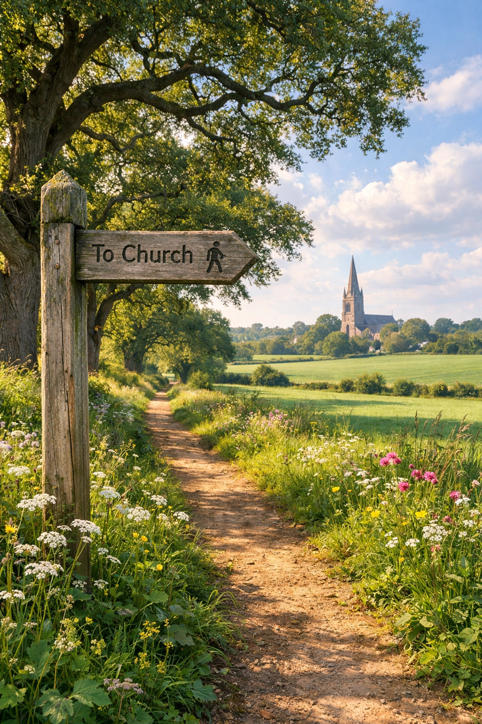 Gentle countryside walking trail in Norfolk with signpost and church spire