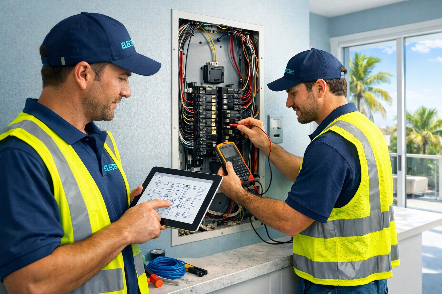 Two licensed Florida electricians performing electrical panel upgrade in modern residential home