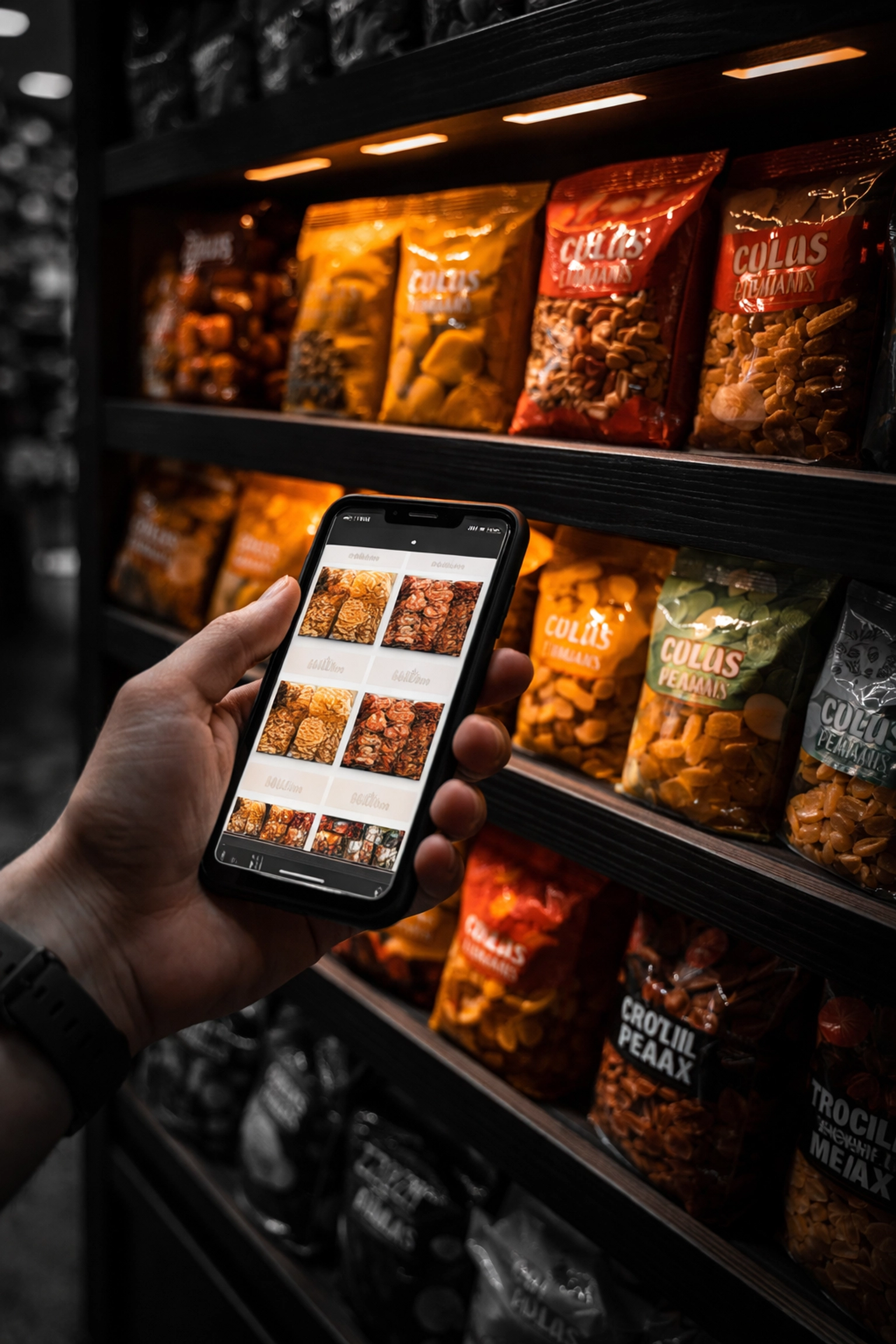 Traveler uses smartphone to explore exotic snacks in local grocery store, highlighting grocery tourism trend