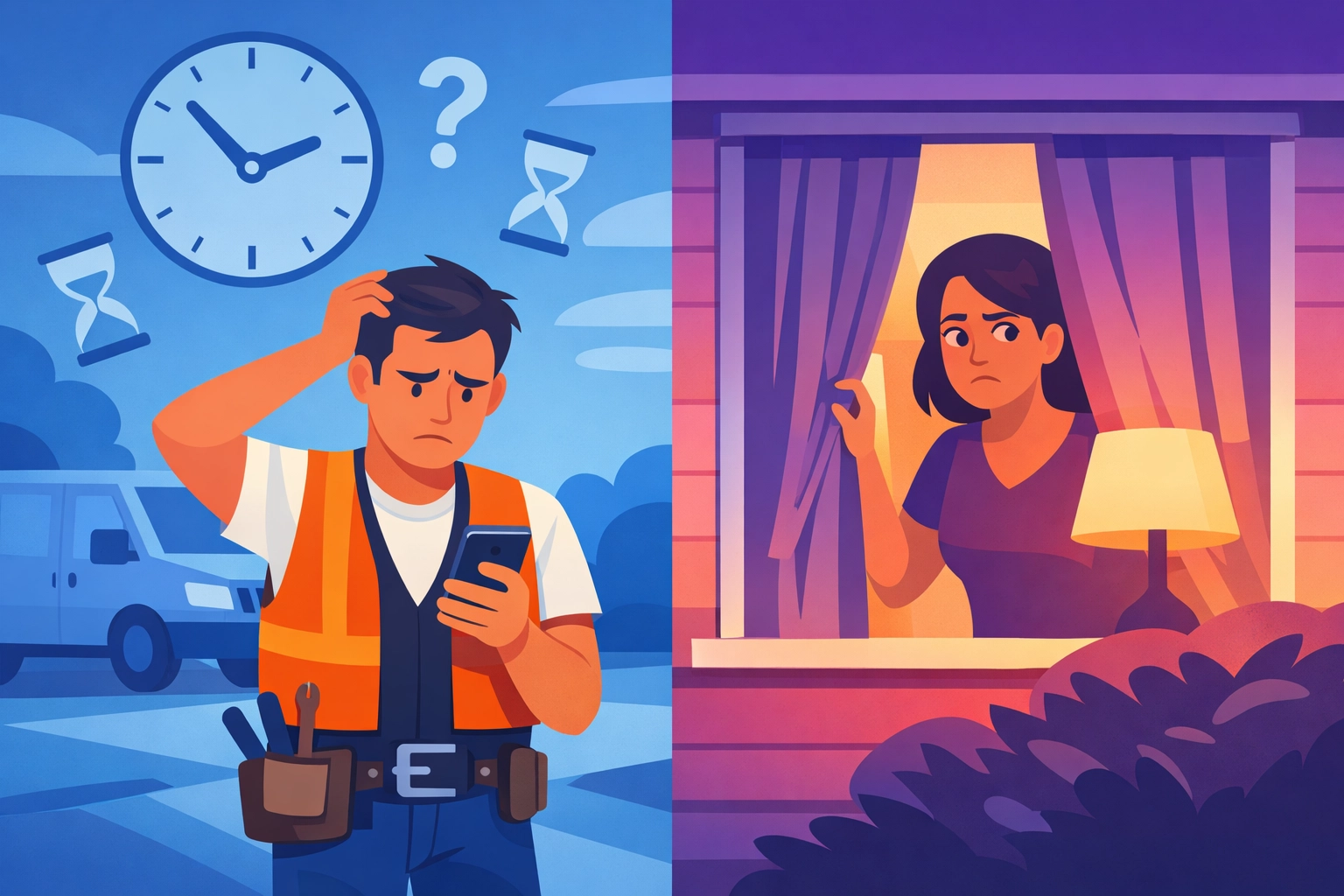 Frustrated contractor checking phone after chasing low-quality leads in Virginia Beach