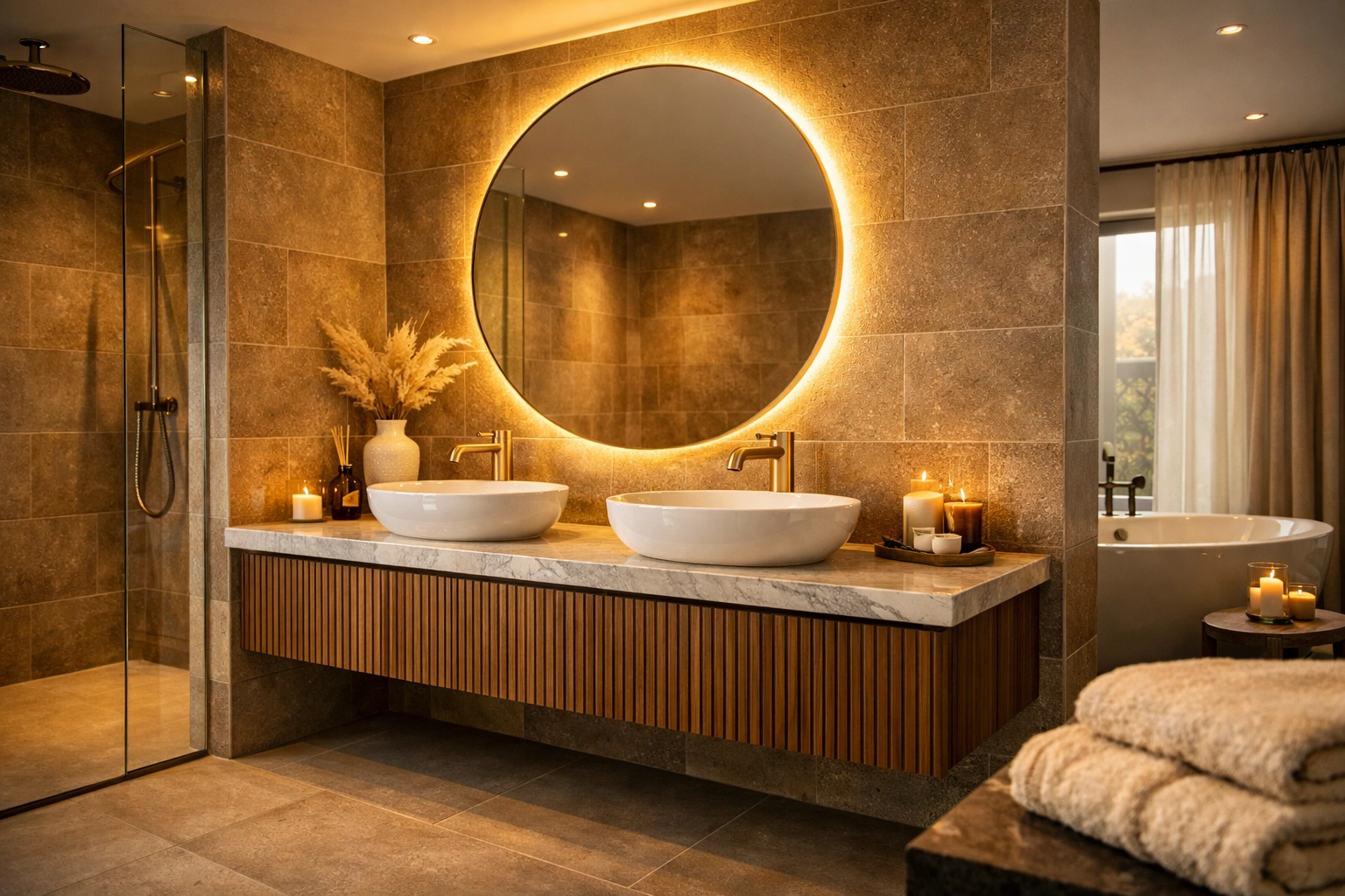 A completed luxury bathroom refurbishment in West Sussex featuring a fluted vanity and modern gold brassware.