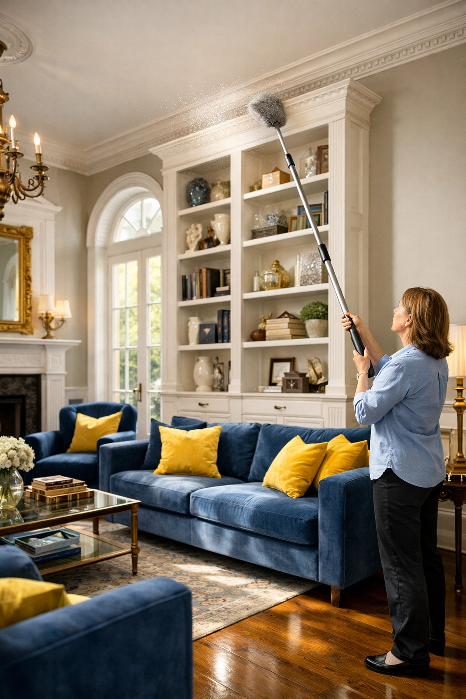 Top-to-bottom house cleaning Worcester MA showing professional dusting of high bookshelves in a living room.