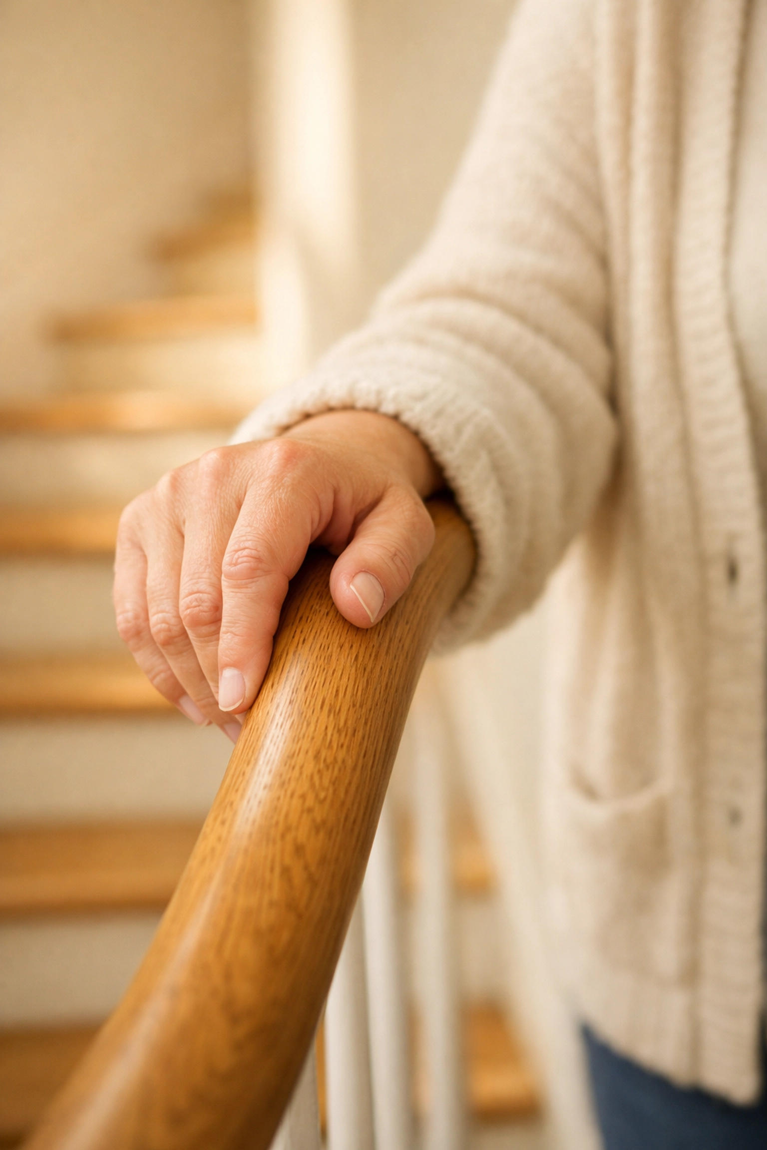 A hand firmly gripping a rounded wooden handrail to maintain balance while using the stairs.