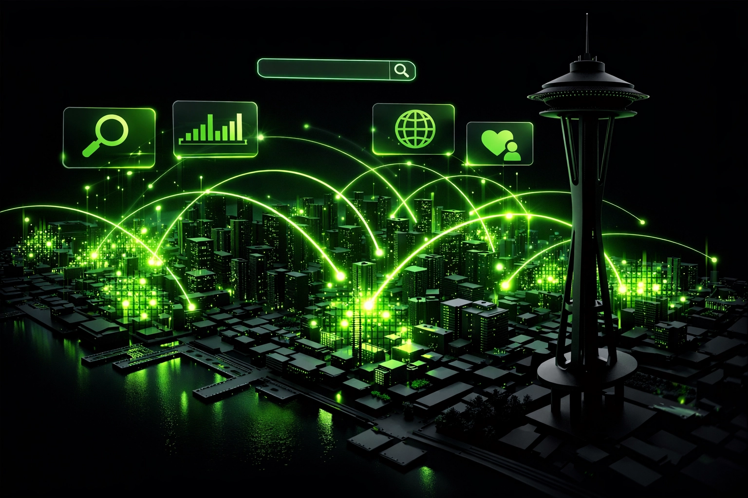 Digital network map of Seattle neighborhoods highlighting SEO reach for local residential roofing contractors.