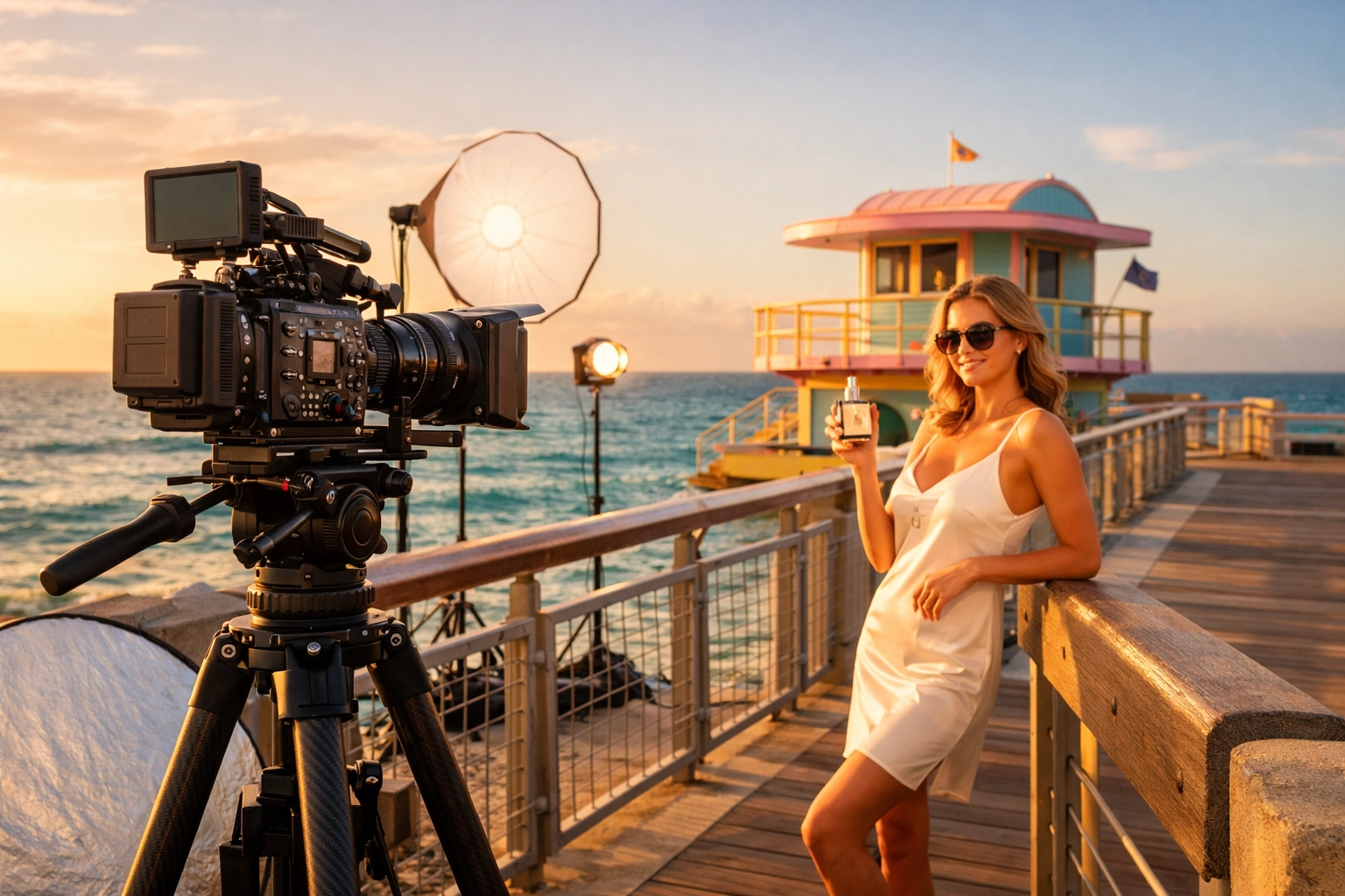 Commercial photography set at South Beach Miami during the magic hour for a luxury brand shoot.