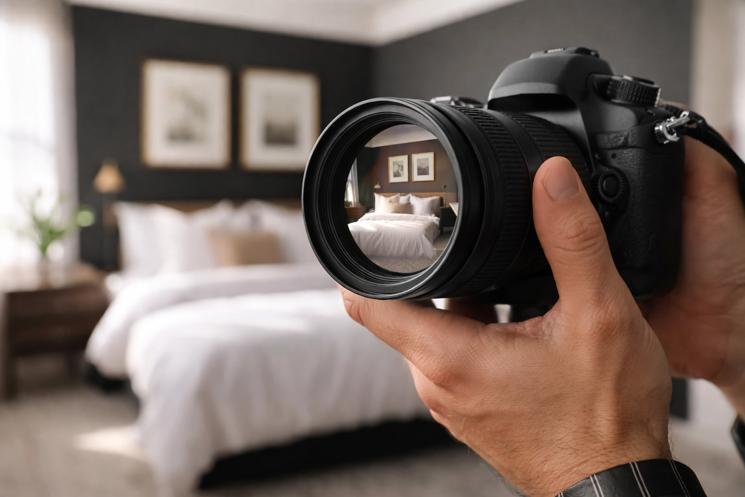 Hands holding camera capturing perfectly staged rental bedroom, highlighting importance of detailed inventory photos.