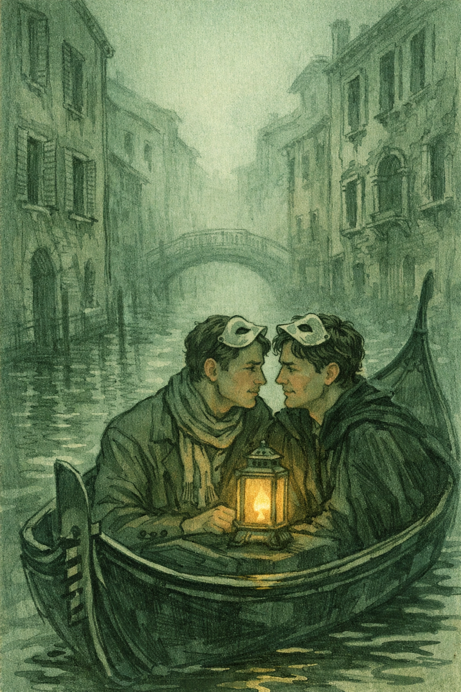 Gay couple in gondola on foggy Venetian canal gazing at each other - romantic MM fiction moment