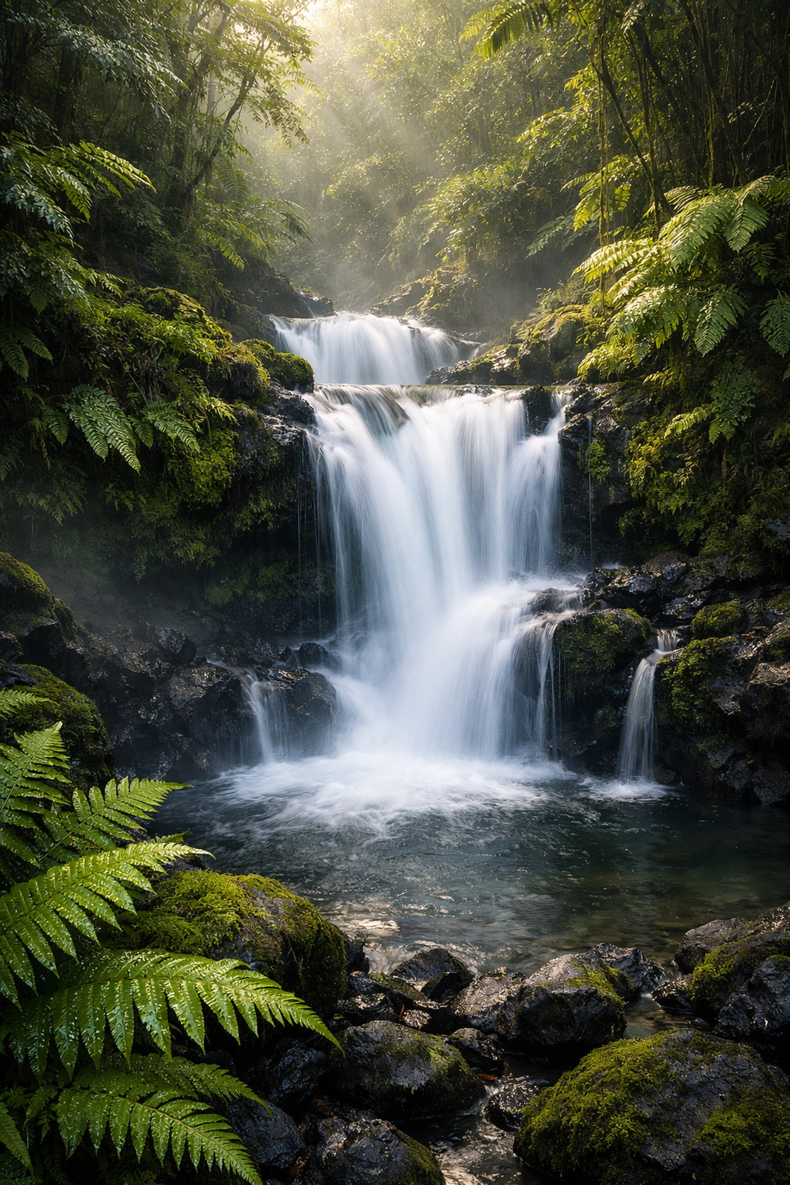 Long exposure of a tropical waterfall, illustrating popular water photography styles in today's photography news.