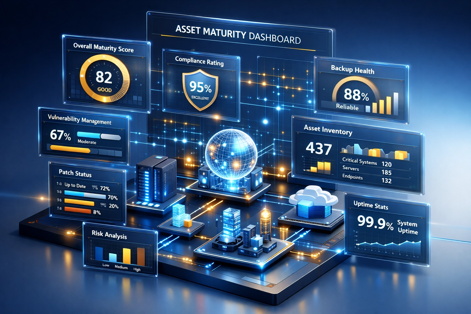 ServiceNow ITOM ITAM maturity assessment dashboard showing infrastructure metrics and compliance KPIs