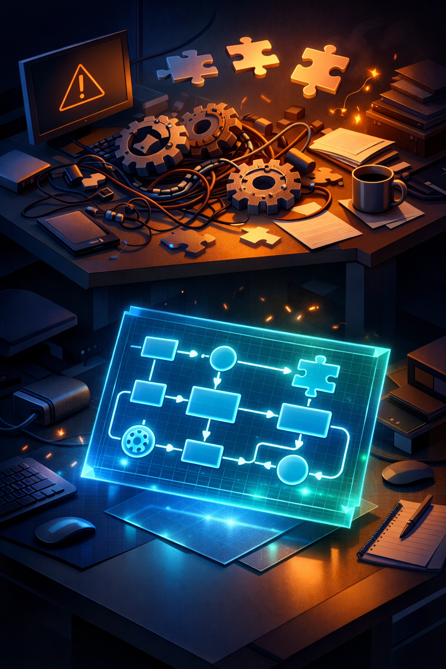 10 Reasons Your Business Process Automation Isn't Working (And How to Fix It Right Now) 2 Business process automation transformation from chaotic broken workflow to organized system blueprint