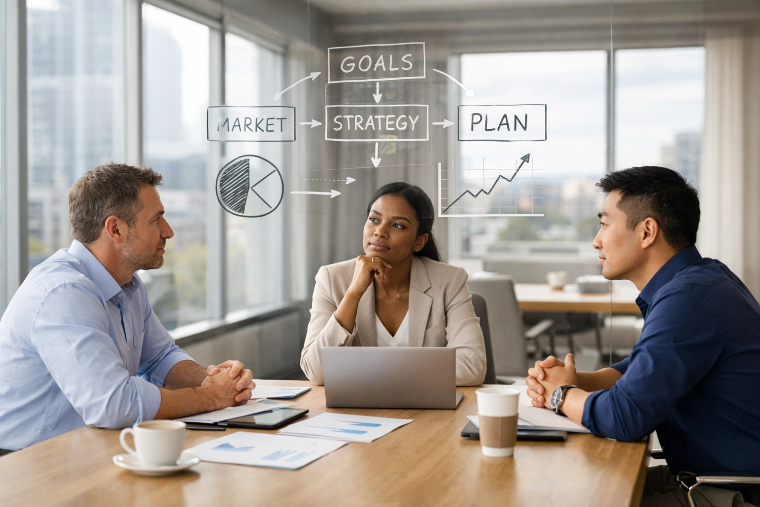 A professional marketing team planning a documented content strategy in a bright modern conference room.