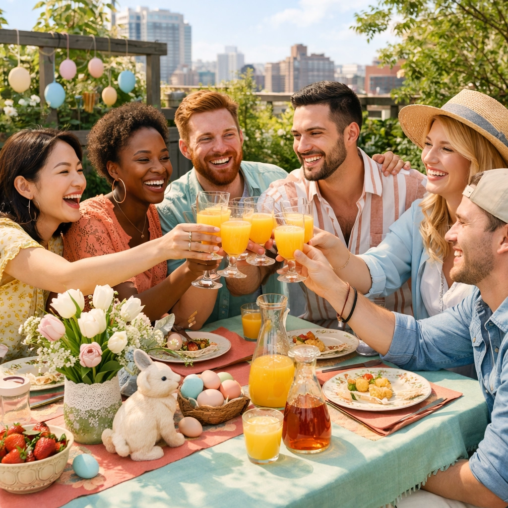 Diverse LGBTQ+ friends celebrating a Chosen Family Easter brunch on a sunny rooftop garden.