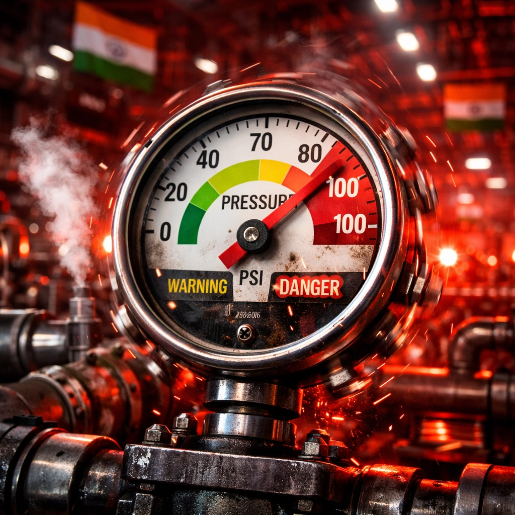 Industrial pressure gauge in the red zone illustrating economic stress on GDP growth India and inflation.