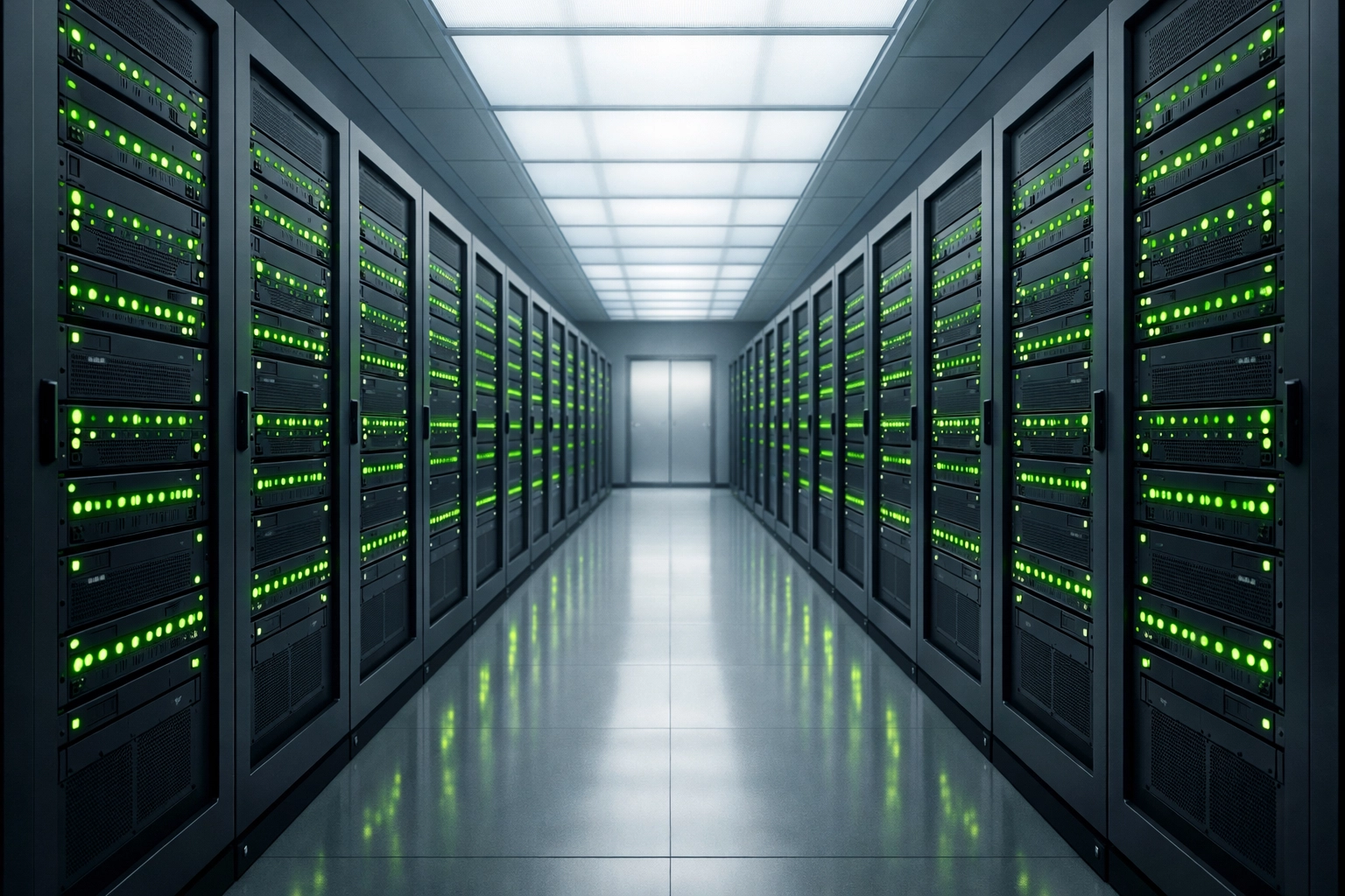 Secure server room with green status lights providing expert network security services in Ventura.