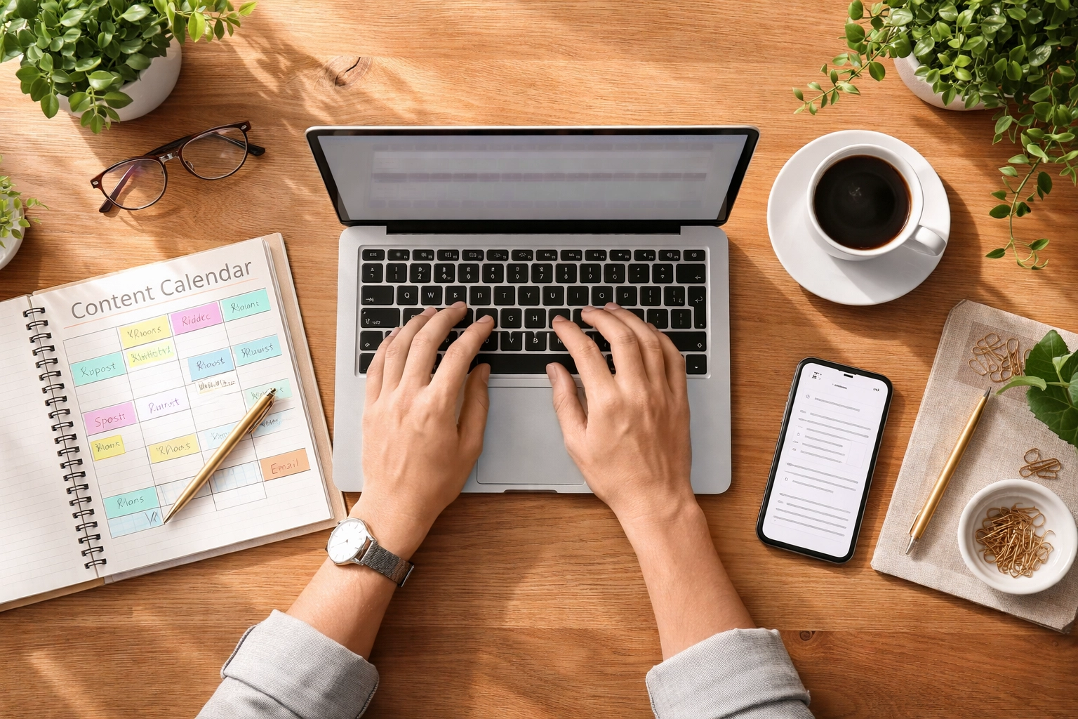 Organized workspace with laptop, content calendar, and email inbox for integrated marketing planning