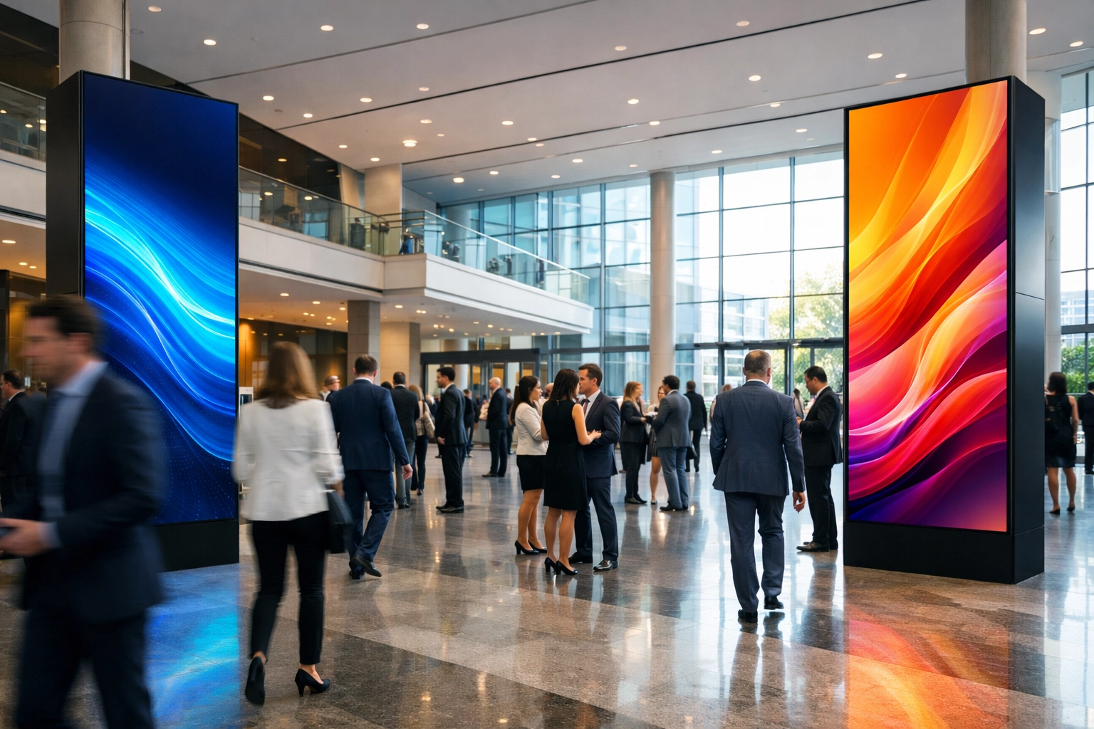Professional event branding in a modern convention center lobby to enhance visibility for venue managers.