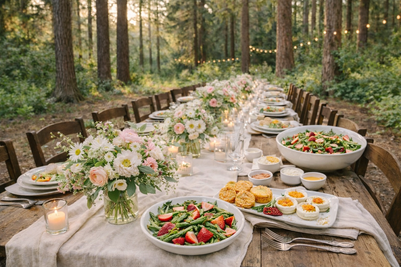 Spring PNW outdoor wedding tablescape with airy linens, fresh florals, and Southern-inspired bites alongside asparagus, radishes, and strawberries.