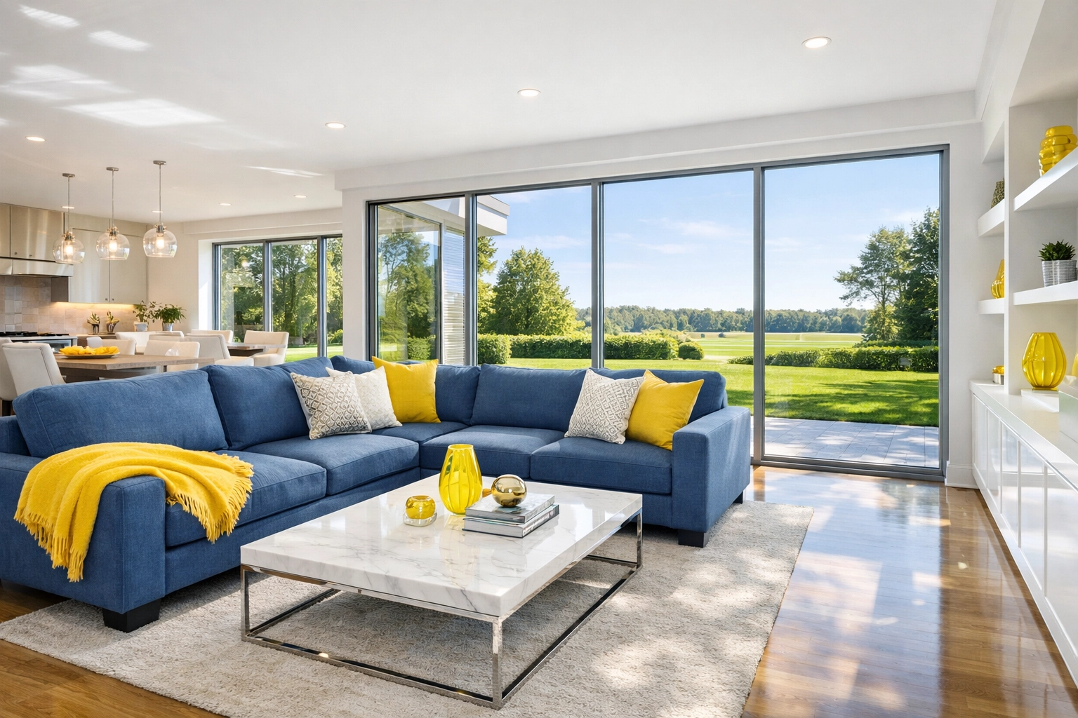 Sun-drenched living room with streak-free surfaces via luxury residential cleaning Massachusetts.