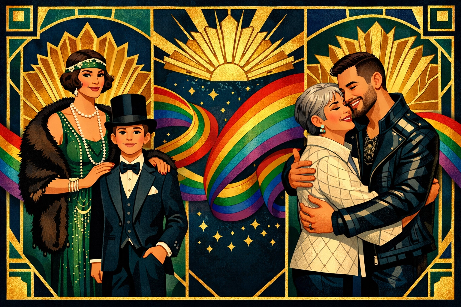 Art Deco illustration of mothers supporting gay sons in the 1920s and 2026, representing LGBTQ+ pride across eras.
