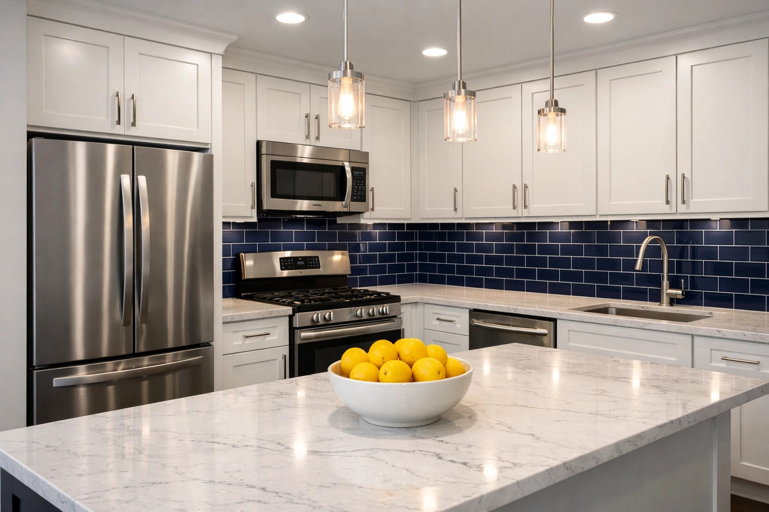 Sparkling clean Leominster apartment kitchen featuring sanitized countertops and white shaker cabinets.