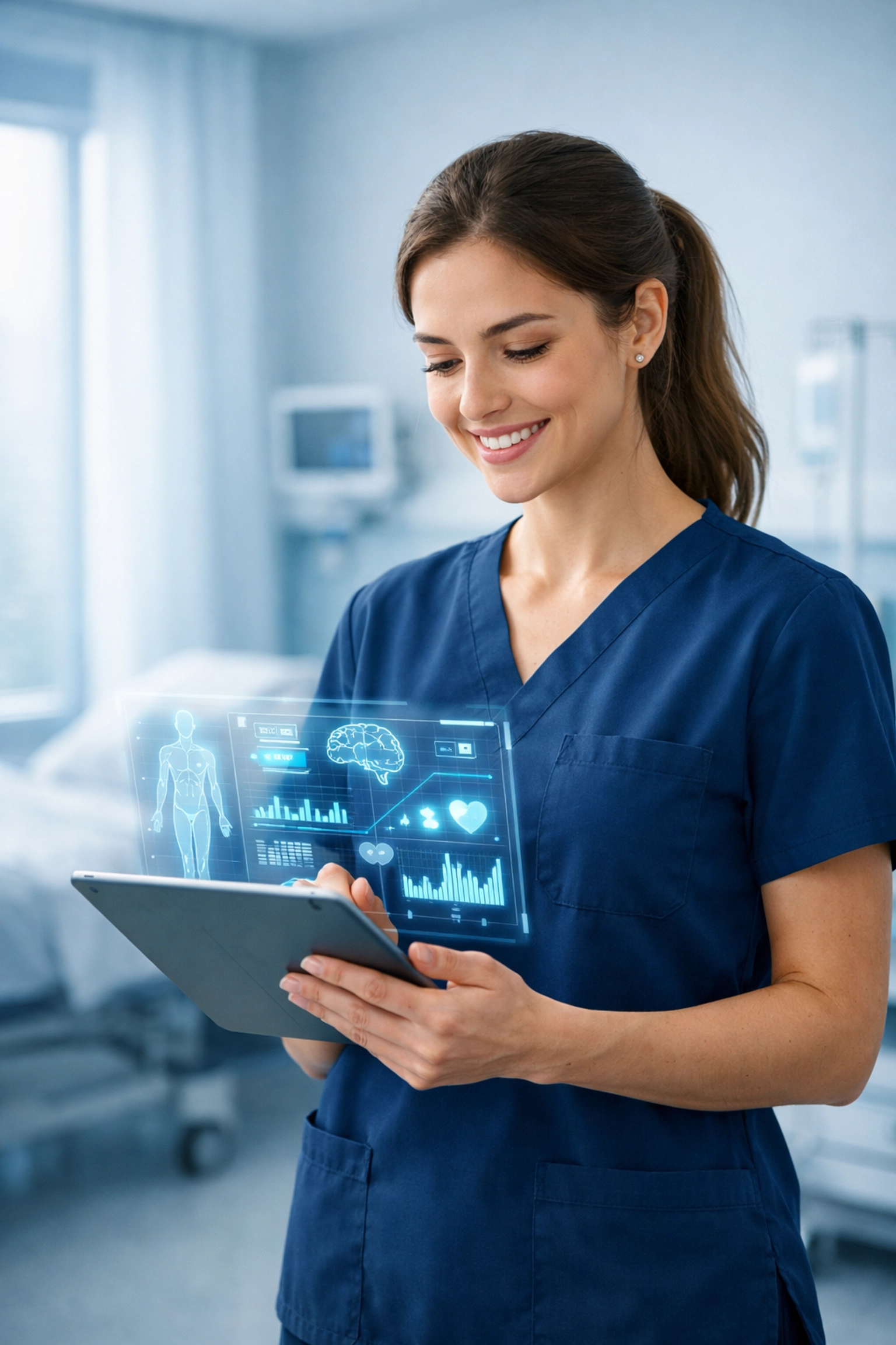 Clinician using AI-powered tablet for real-time compliance checking during patient care