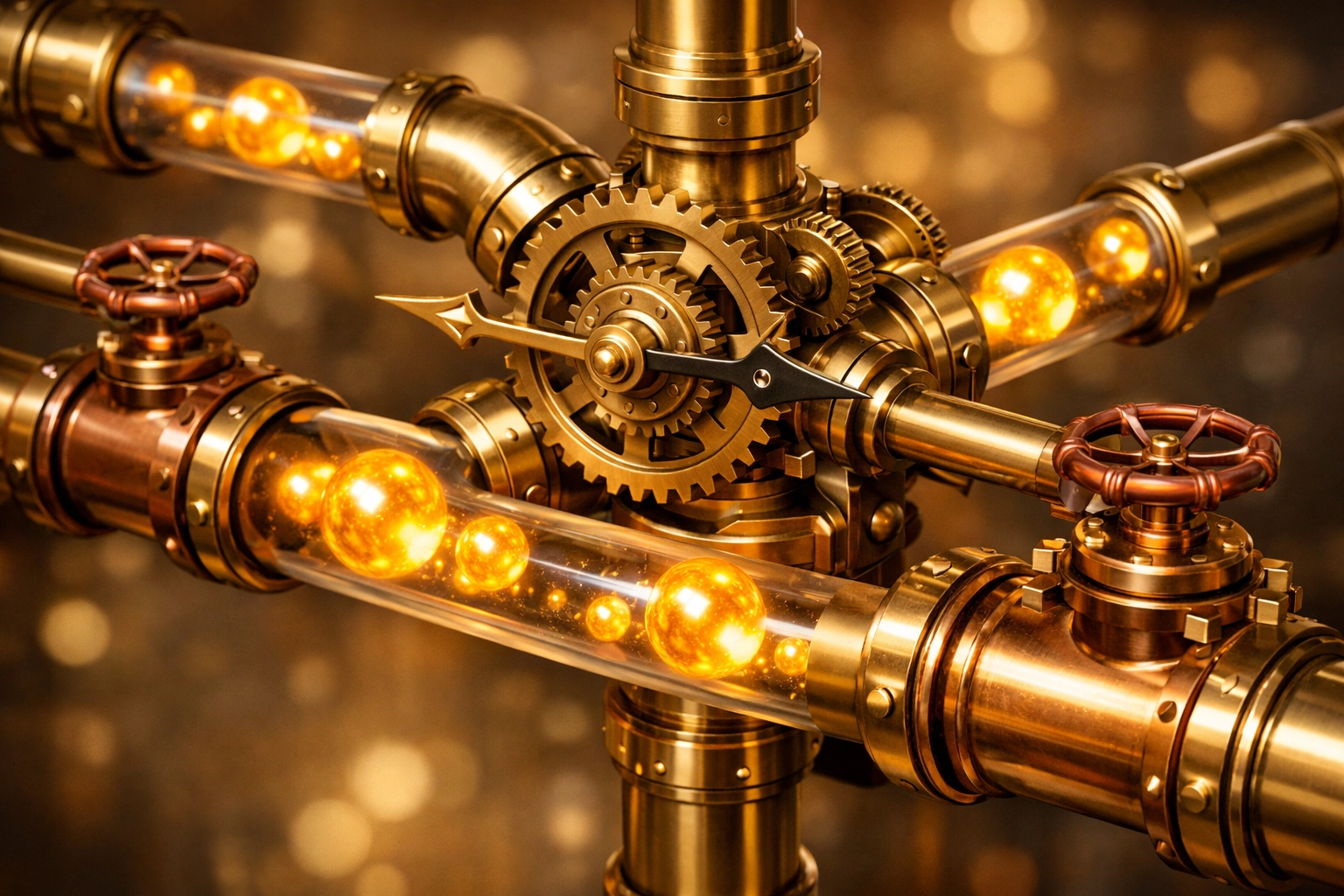 Intricate brass pipes with glowing amber light representing seamless data flow through automated systems.