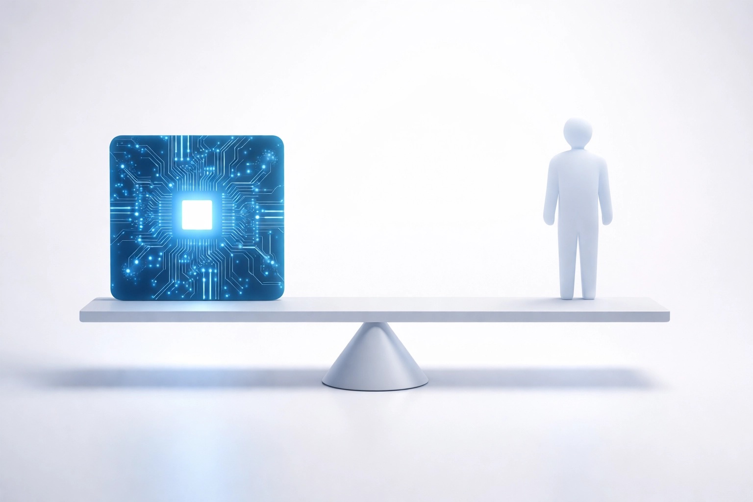 A balanced scale illustrating harmony between AI technology and human-centered solutions for business integration.
