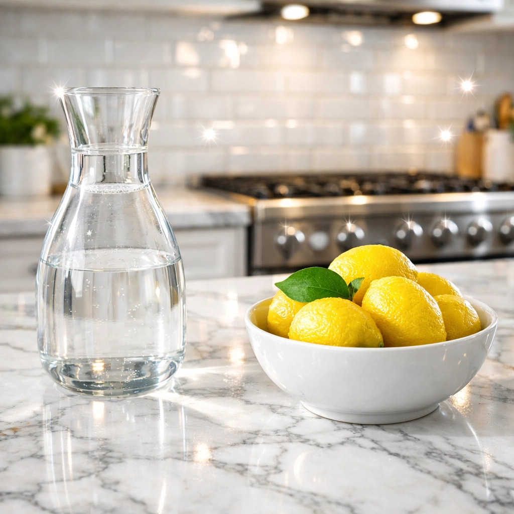 Sparkling marble kitchen countertop in Burlington cleaned by an eco-friendly reliable house cleaning service.