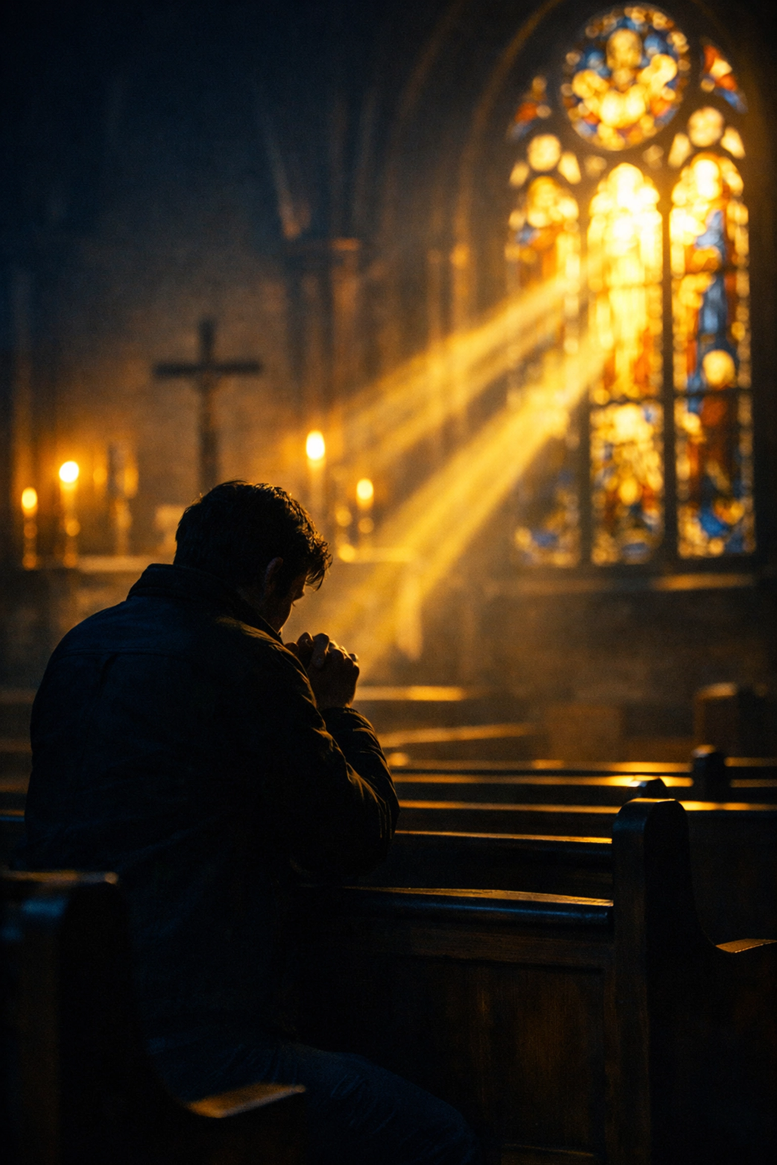 Person kneeling in prayer with light streaming through church window symbolizing hope amid doubt