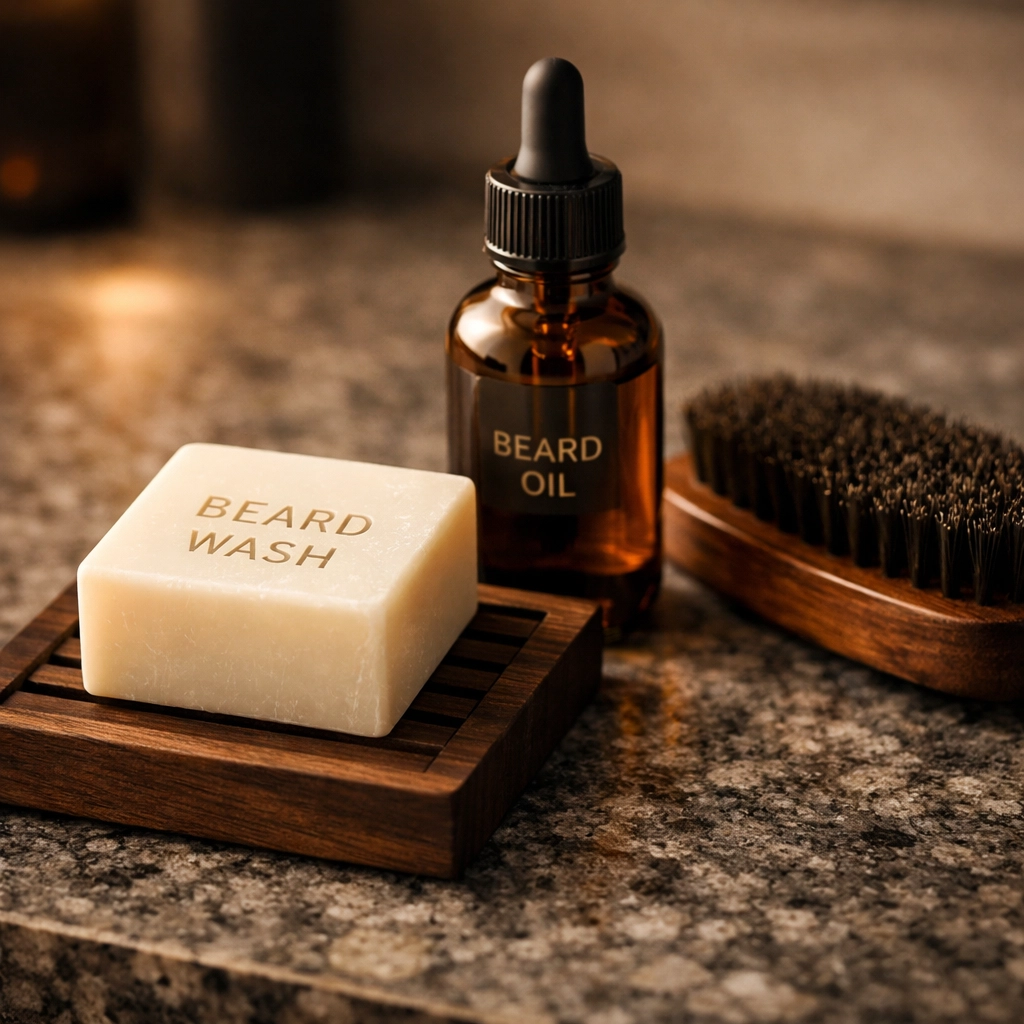 Premium beard grooming kit with solid wash bar, beard oil, and brush on a stone counter.
