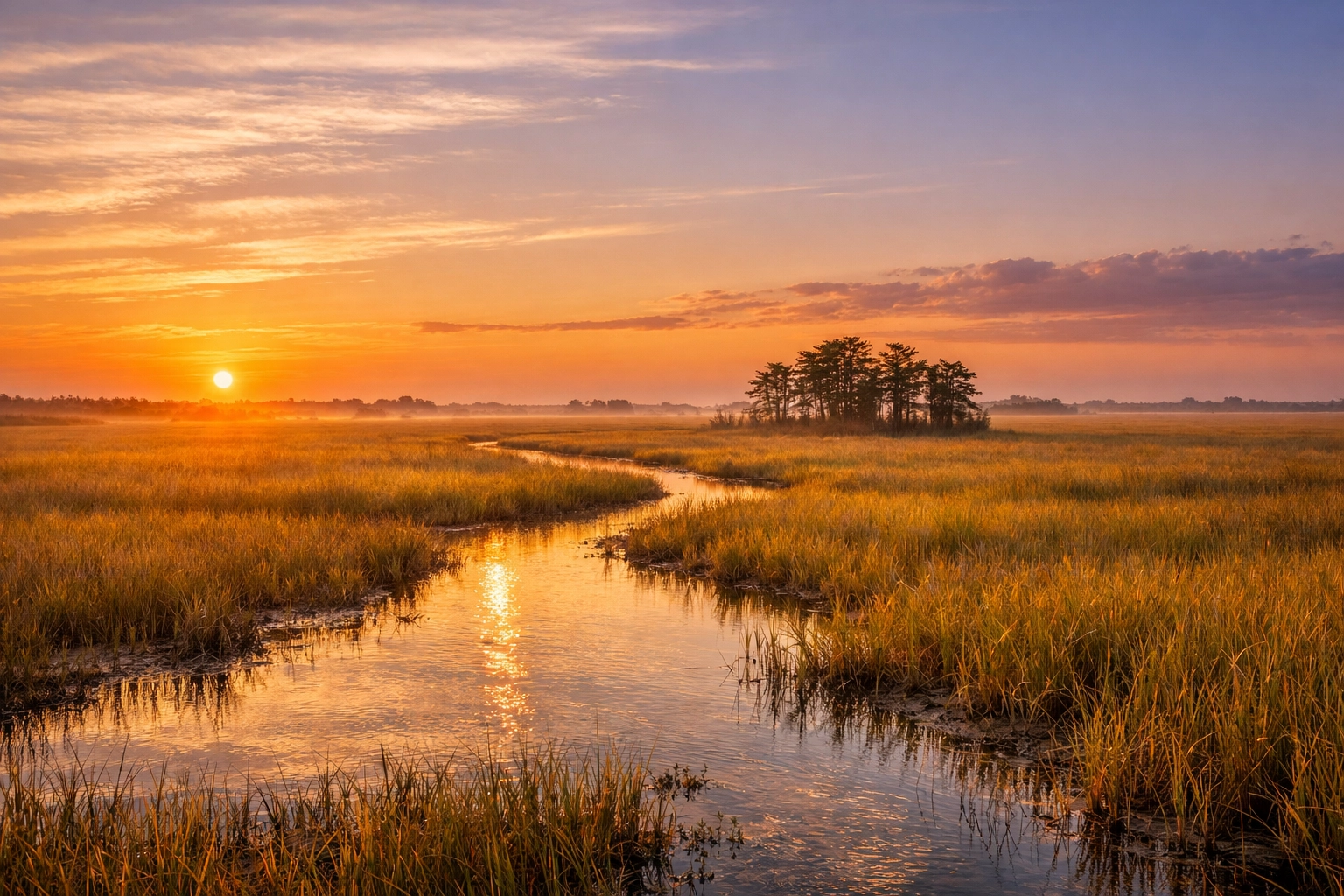 Florida Everglades landscape at sunrise during the dry season showing sawgrass and distant cypress trees.