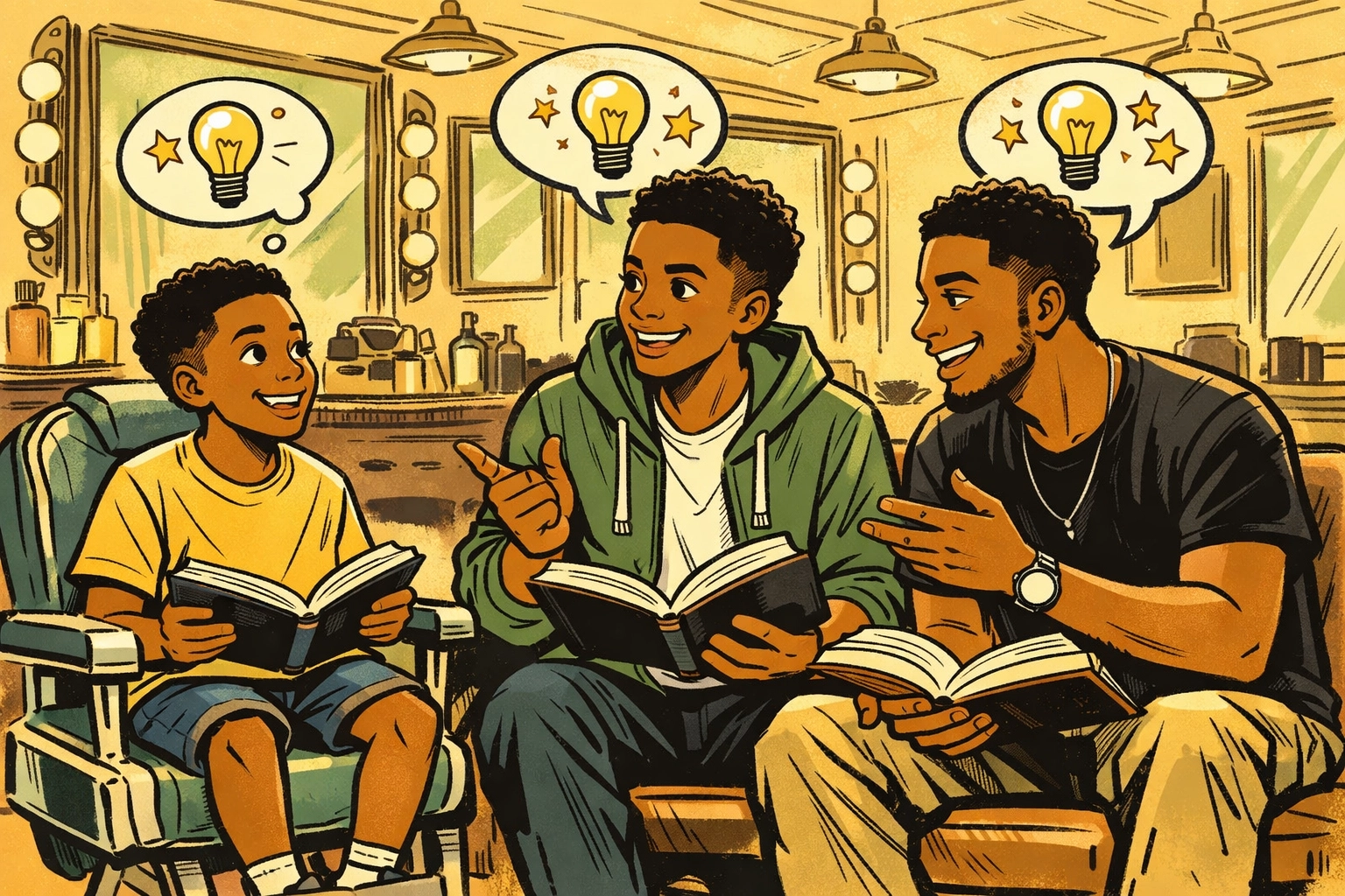 Three generations of Black males reading books together in barbershop literacy program
