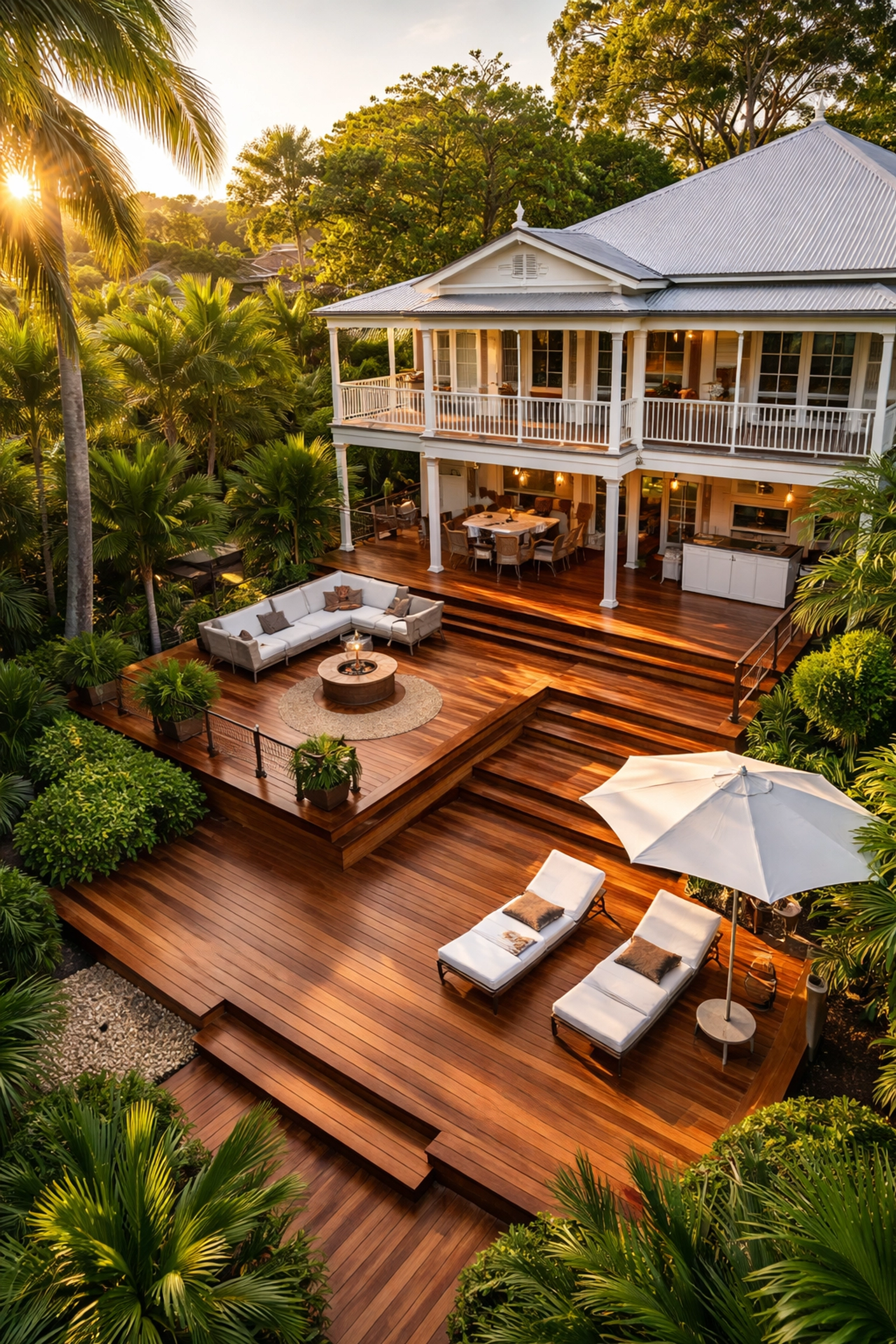 Aerial view of multi-level hardwood deck on Queenslander home in Brisbane suburb, showcasing local deck expertise