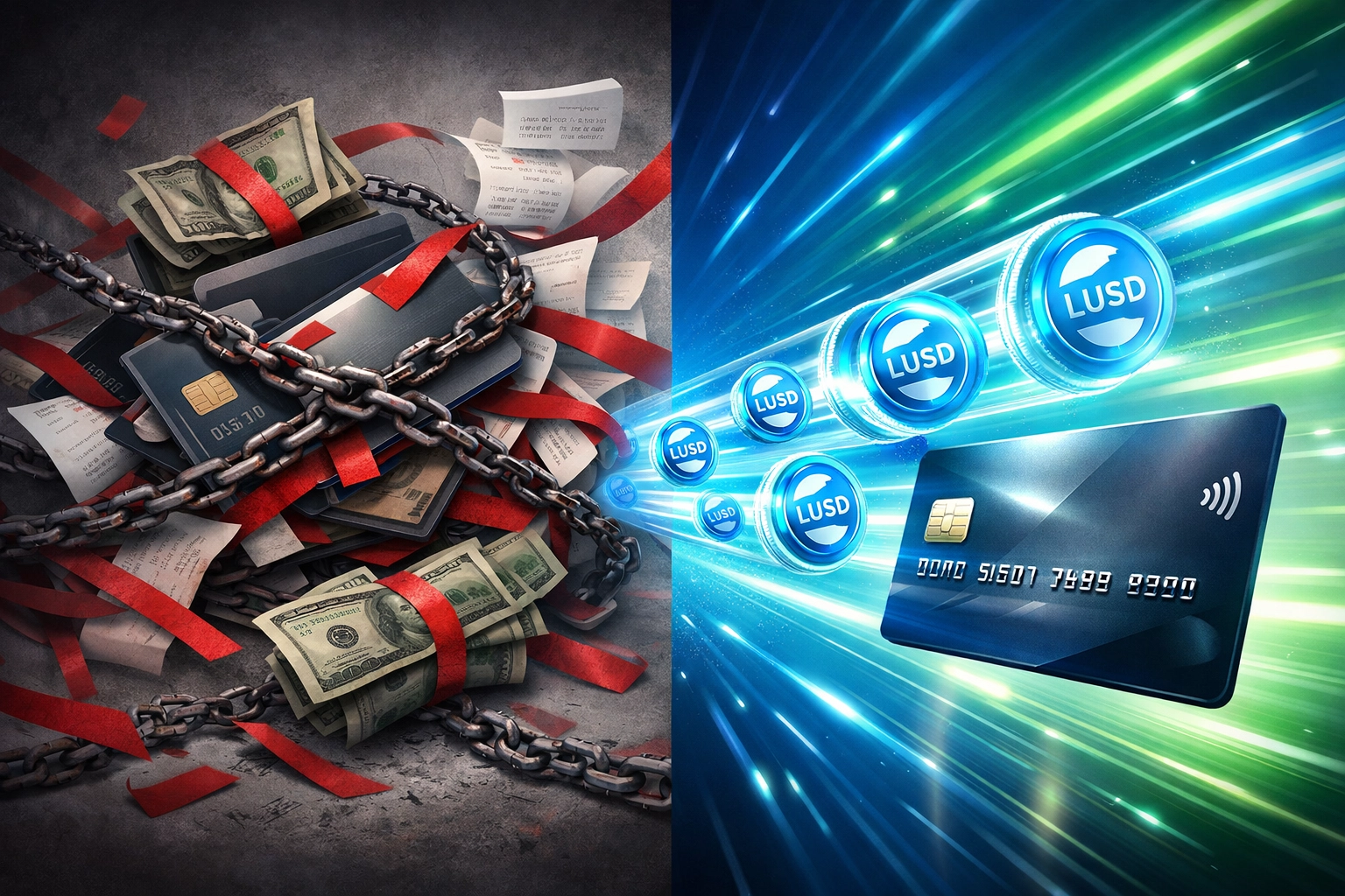 LUSD stablecoin instant settlement versus slow traditional payment processor delays