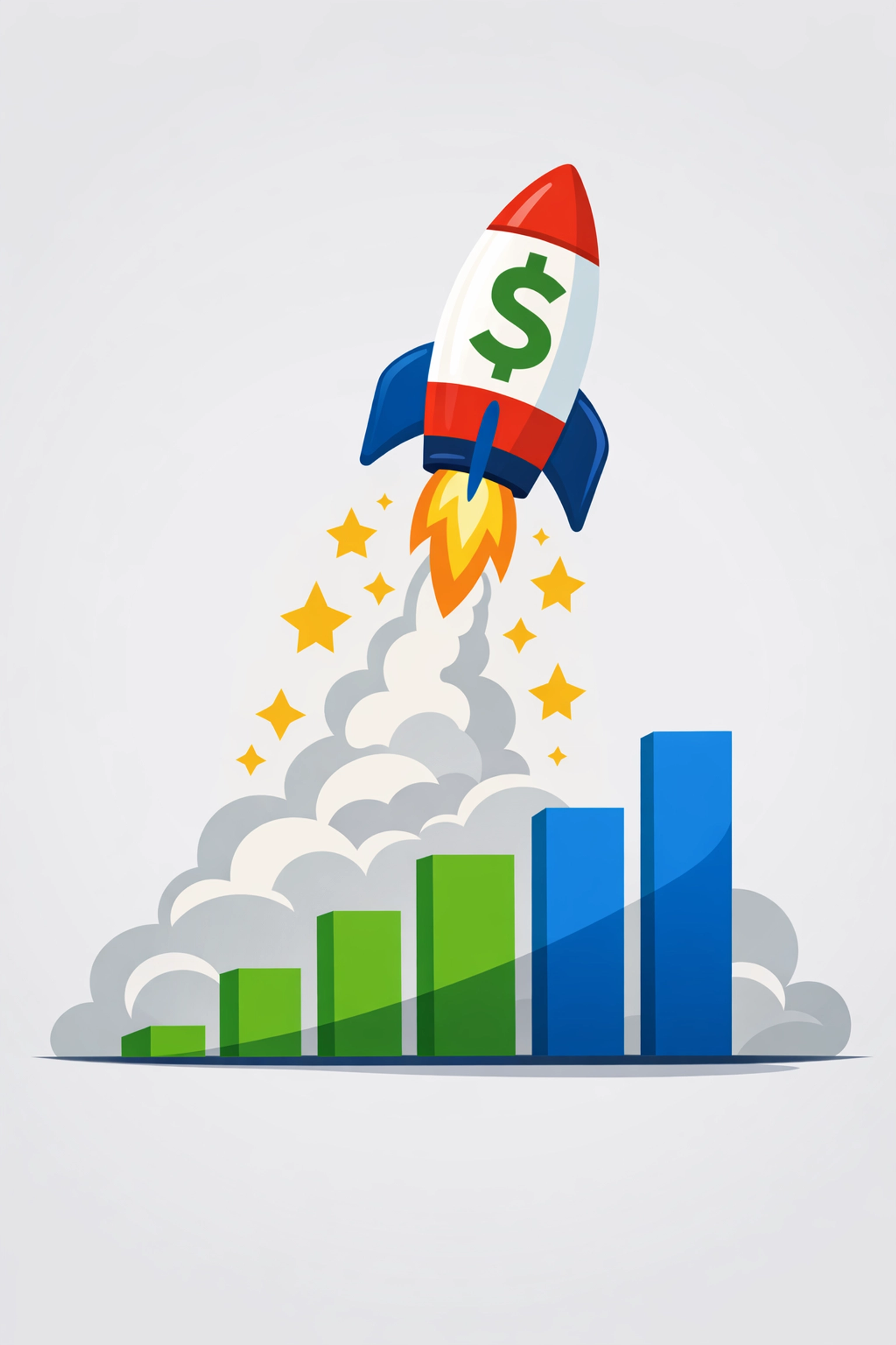 Rocket ship launching from financial bar graphs symbolizing a maximized tax refund and growth.