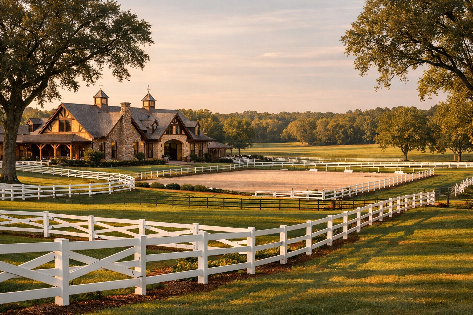 Luxury equestrian estate in North Carolina featuring custom stable, riding arena, and manicured paddocks