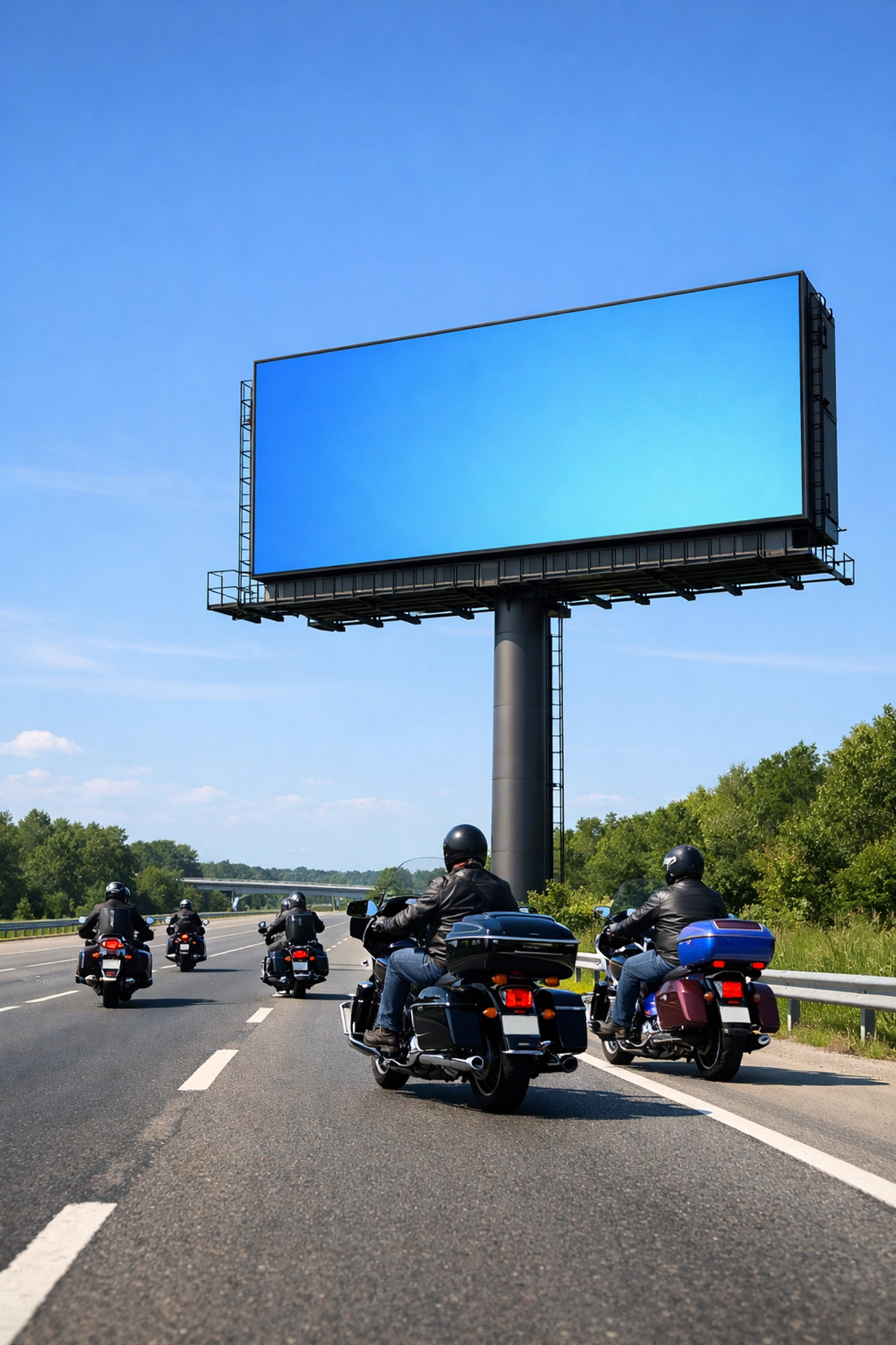 Motorcycle riders passing a highway digital billboard promoting the Ride Fear Free safety campaign.