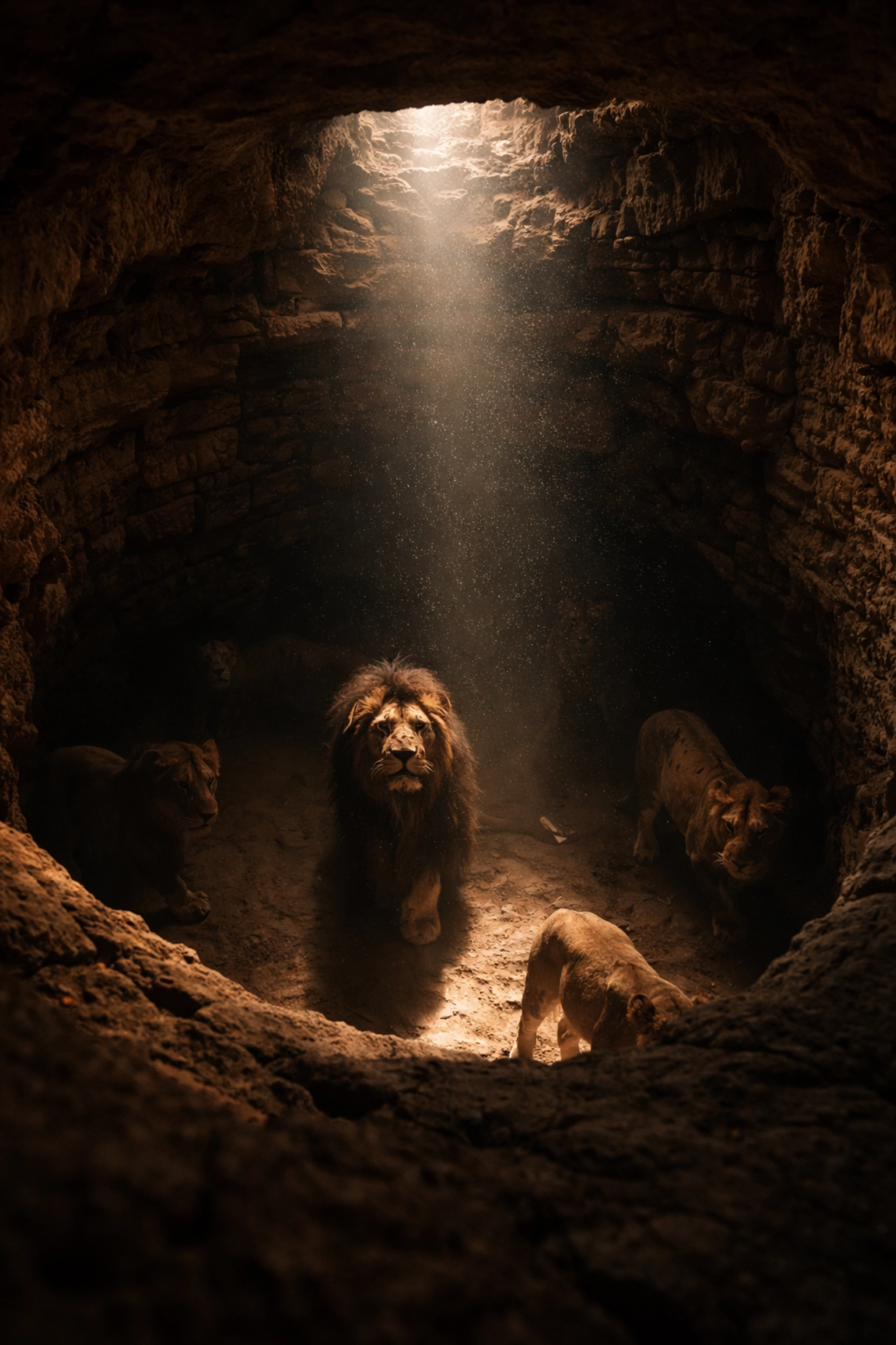Cinematic view of a dark ancient lions' den in Persia with wild lions prowling below