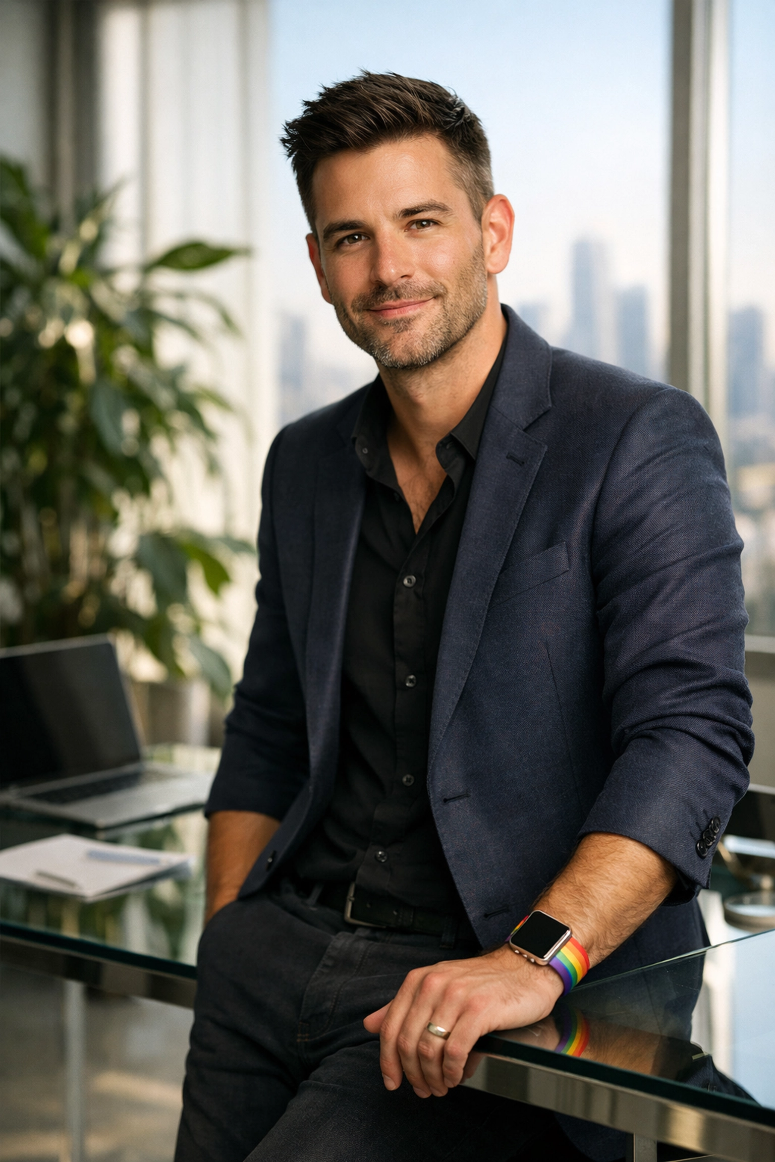 Successful gay professional leading with authenticity in a modern, sunlit office workspace.