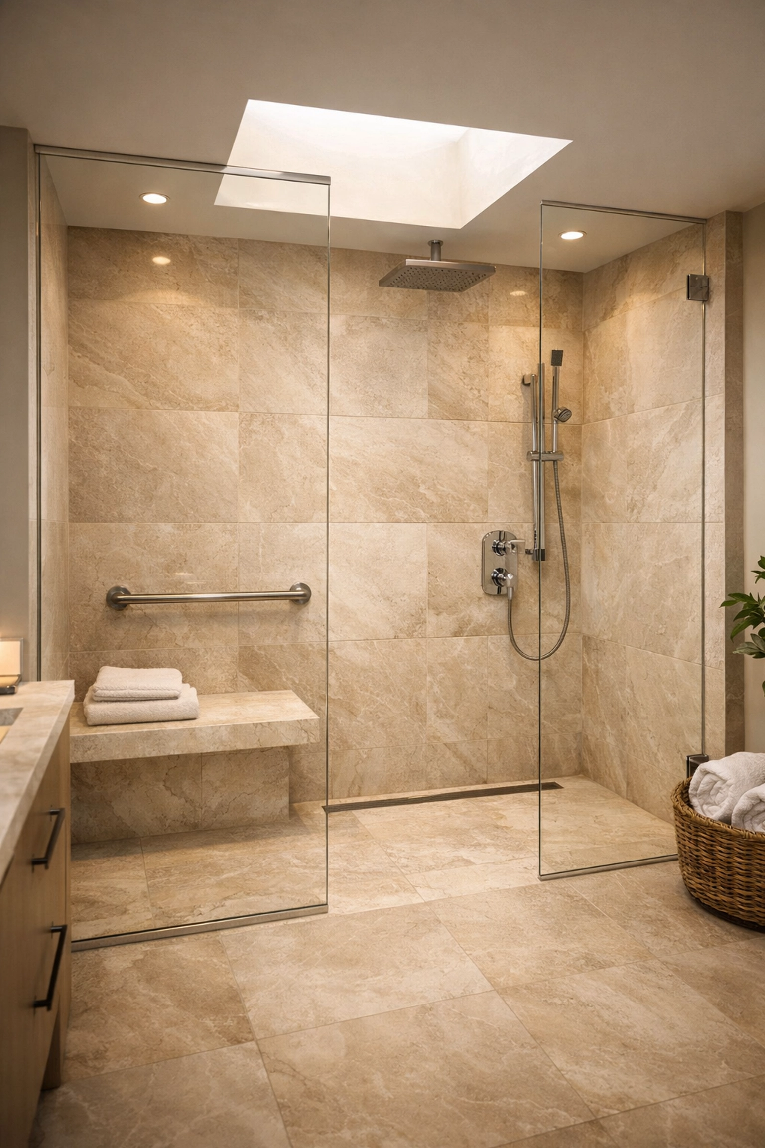 Elegant Columbia SC custom home master bathroom with a curbless walk-in shower for stylish aging-in-place.