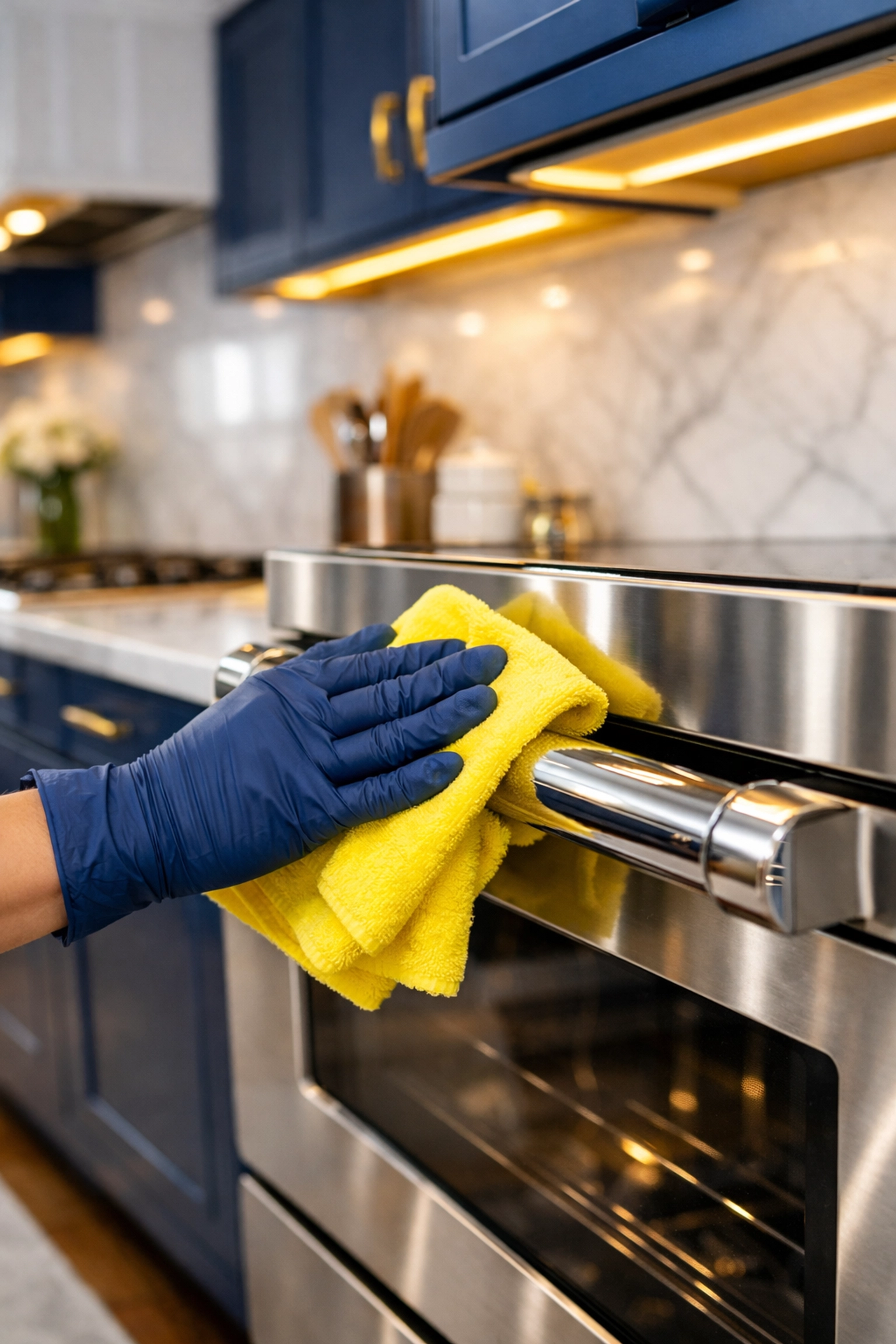 Professional cleaner wiping an oven in a luxury kitchen to avoid Boston apartment move-out mistakes.