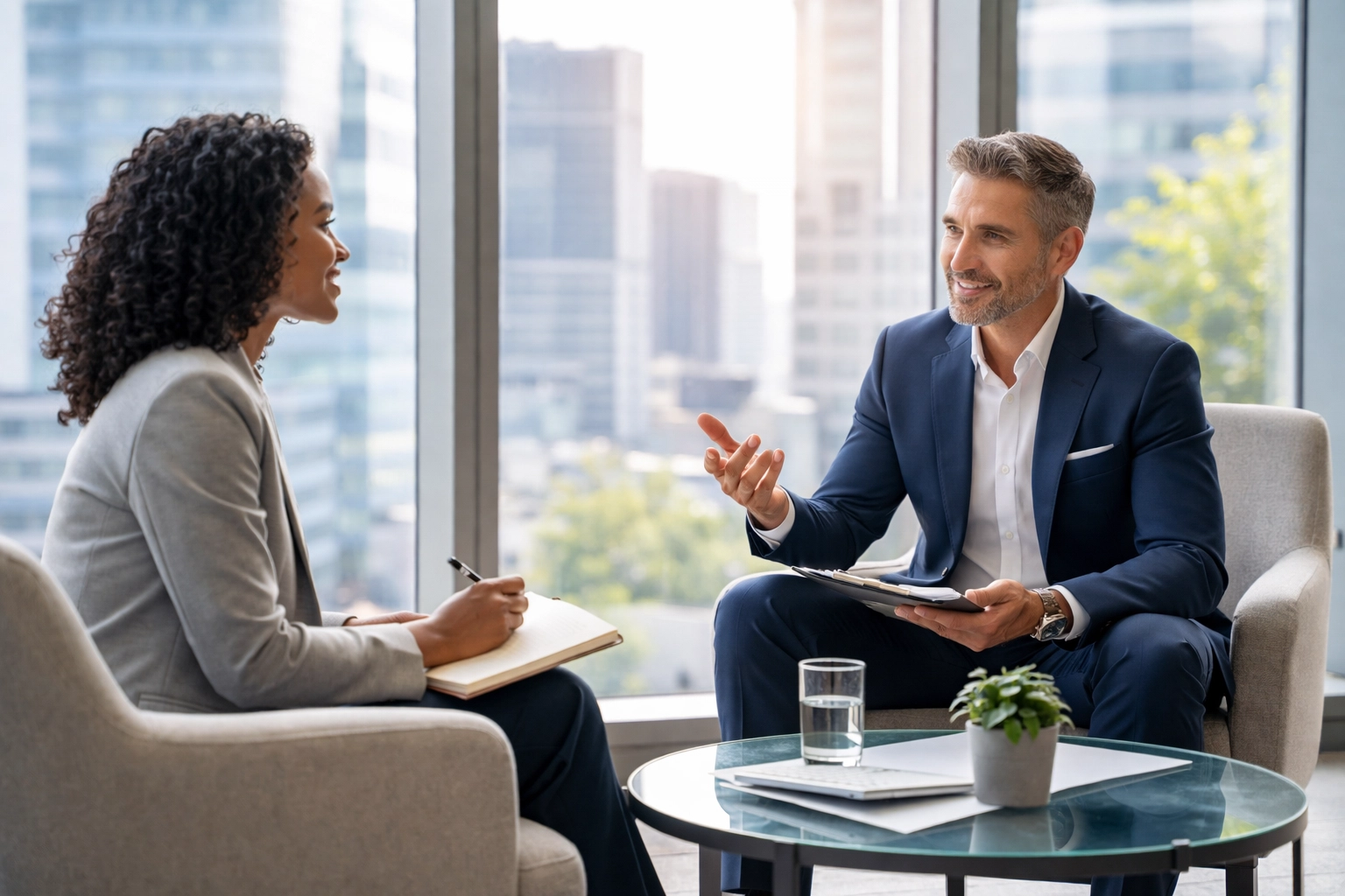 Executive coach and business professional in one-on-one coaching session, highlighting action-based leadership development.