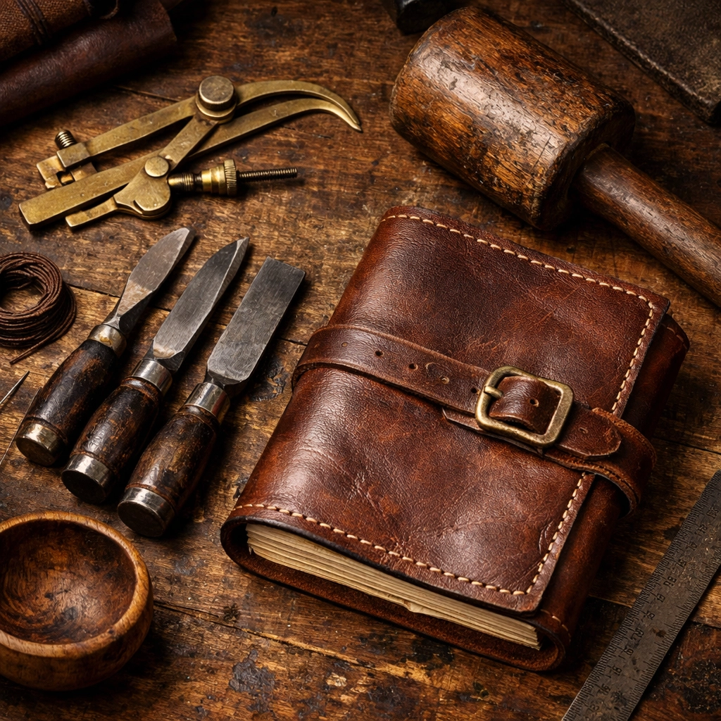Traditional woodworking tools and handcrafted items on a workshop bench, highlighting manual craftsmanship.